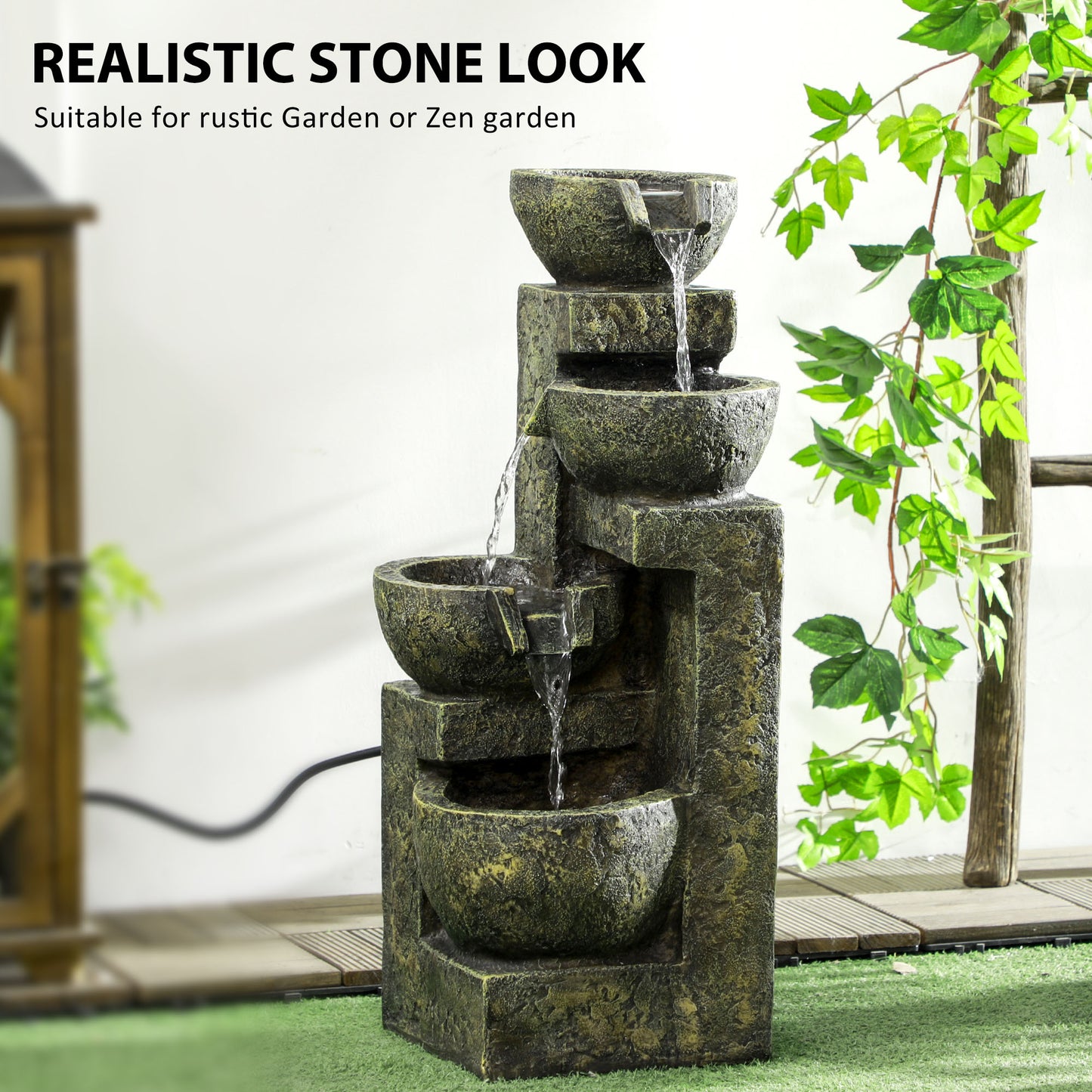 Outsunny Garden Water Feature Waterfall Fountain with 4-Tier Stone Look Bowls Adjustable Flow Black and Yellow