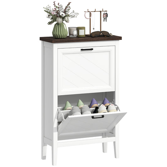 HOMCOM Shoe Cabinet with 2 Flip Drawers, Farmhouse Narrow Shoe Storage Cabinet with Adjustable Shelves, White