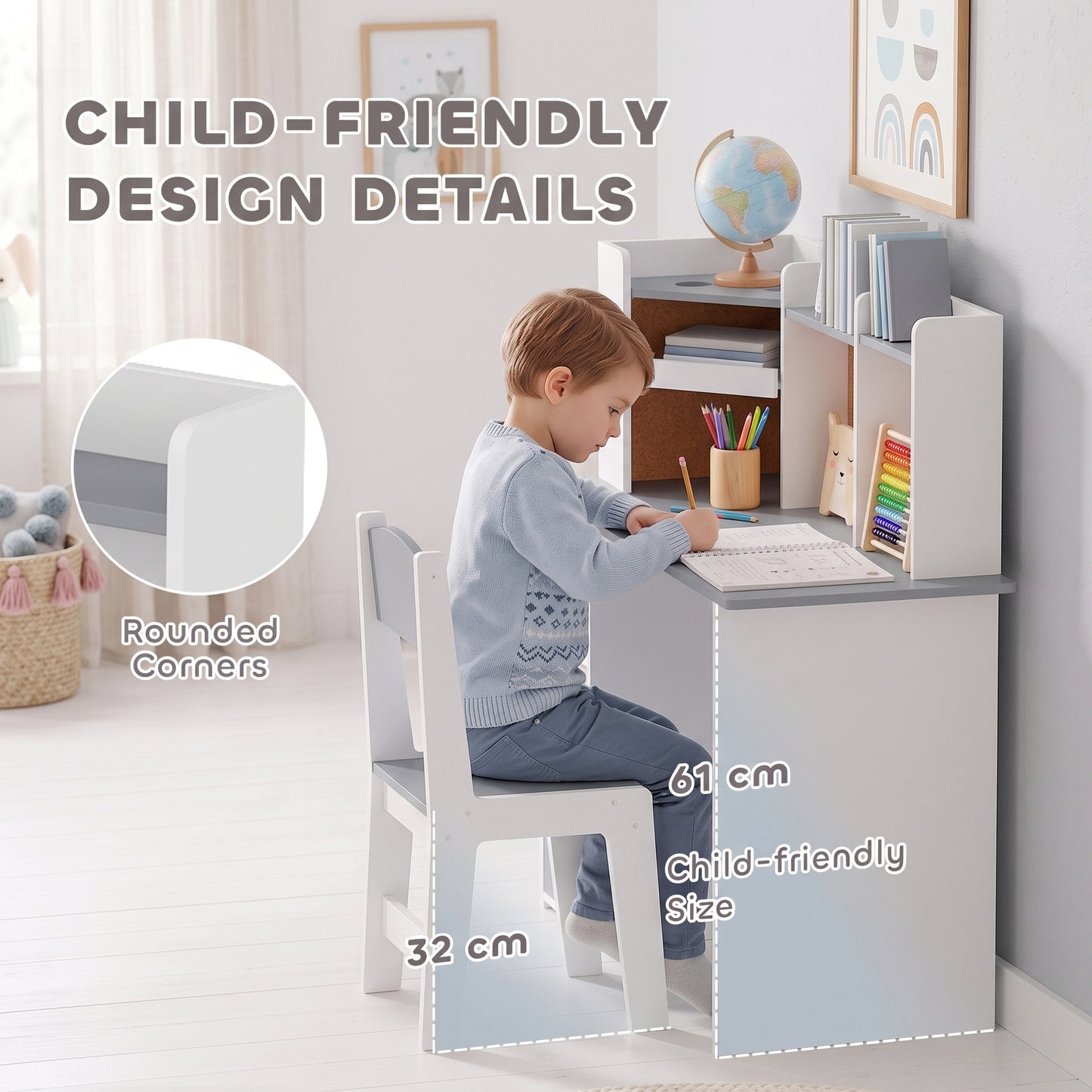 AIYAPLAY Kids Desk and Chair Set Storage Shelves Kids Desk Adjustable Tablet Stand Cork Board Pen Holder Grey