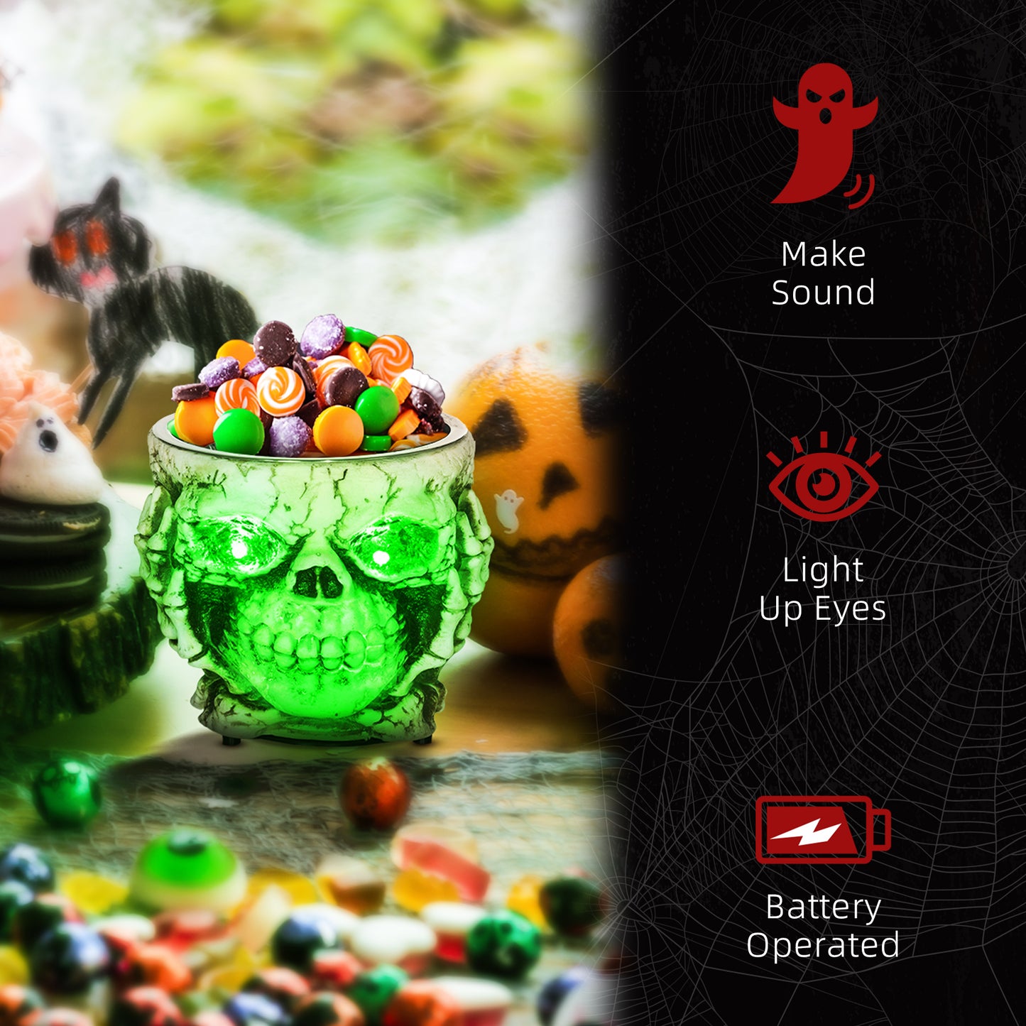 HOMCOM Skeleton Candy Bowl Halloween Prop with Sound Activation, Light-Up Eyes, Sound Effects for Haunted House, 14cm 5.5", Outdoor Decor - Black