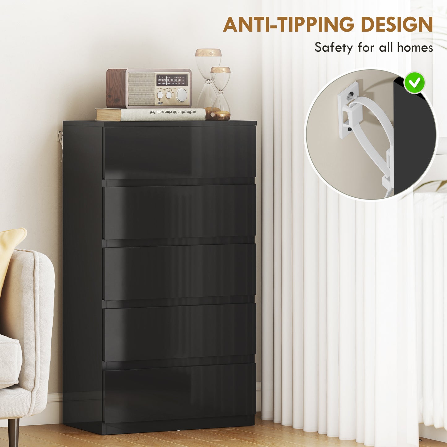 HOMCOM Chest of Drawers, 5-Drawer Storage Cabinets, Modern Dresser for Bedroom