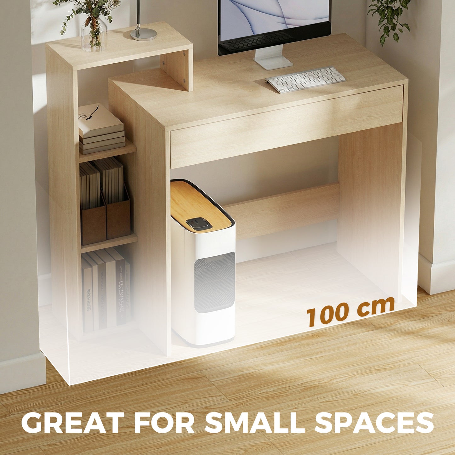 HOMCOM Desk with Storage, Computer Desk with 3 Open Shelves and Drawer, Workstation, Computer Table, Natural