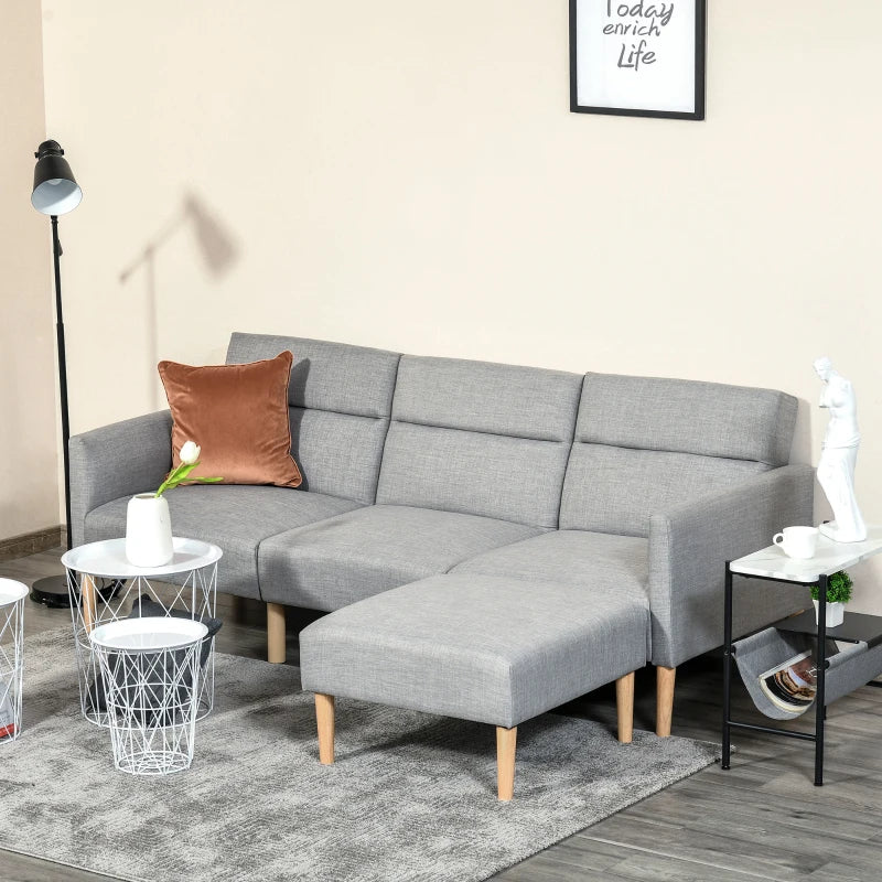 HOMCOM L Shape Sofa Bed Set, Linen Fabric Corner Sofa Bed with Rubber Wood Legs and Footstool, Light Grey