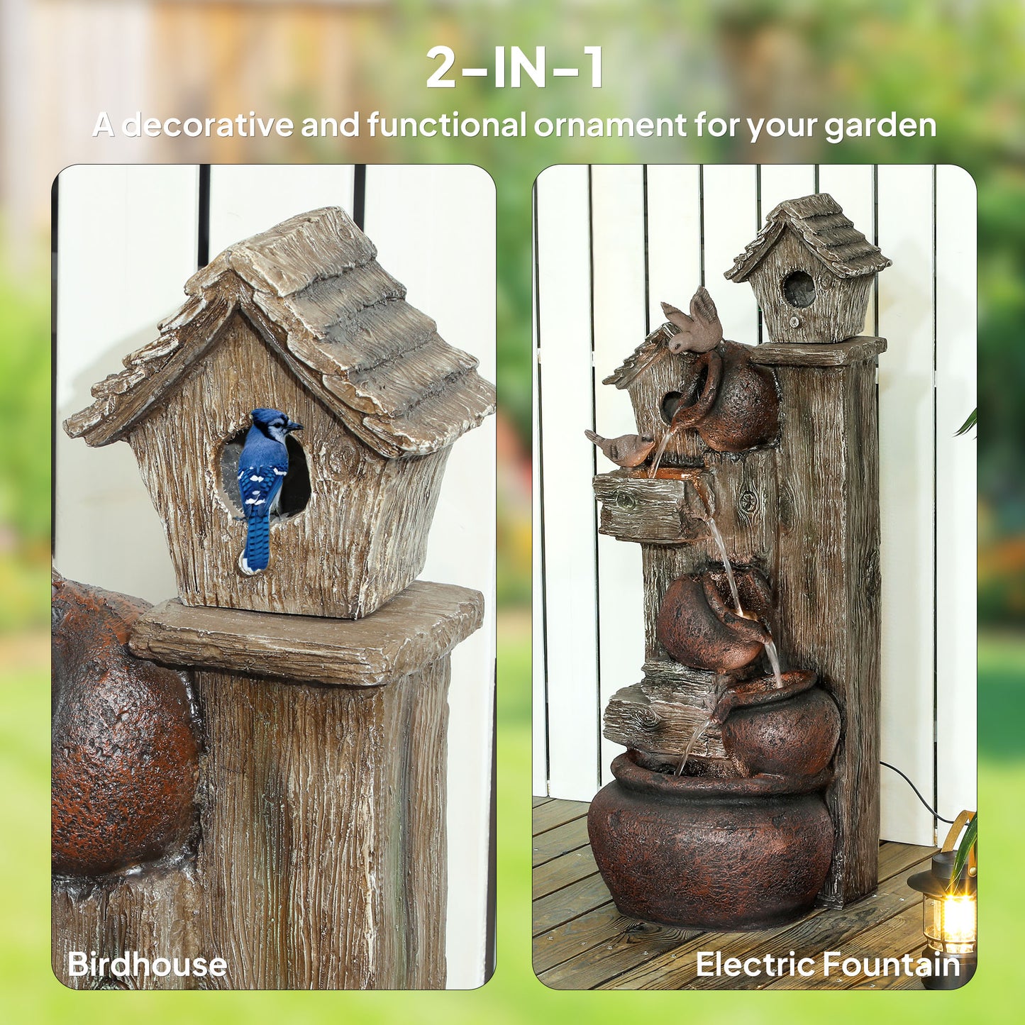 Outsunny 2-in-1 Resin Waterfall Fountain with Birdhouse & LED Lights, Tree Trunk Design, Cascading Water Feature, Multi-colour