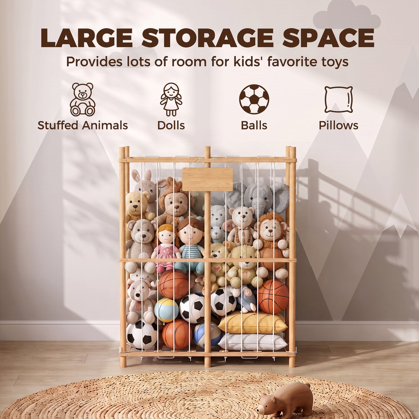 AIYAPLAY Stuffed Animal Storage Organiser, Wooden Storage Zoo with Rounded Corners for Nursery, Kids Room, Playroom, Natural