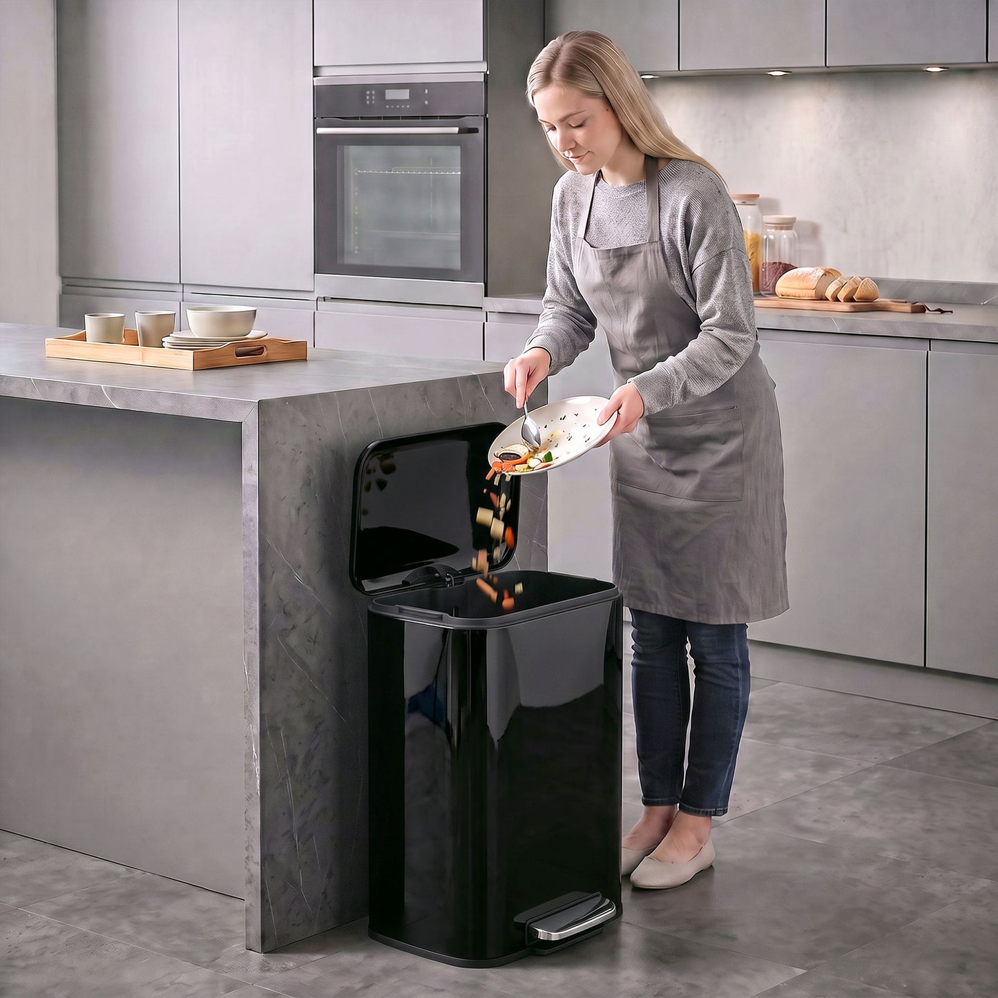 HOMCOM 50 L Kitchen Pedal Bin, Metal Rubbish Bin with Removable Inner Bucket, Soft-Close & Stay-Open Lid, High Gloss Black
