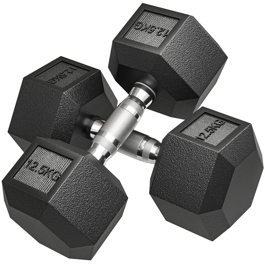 HOMCOM 25KG Rubber Hex Dumbbell Portable Hand Weights Dumbbell Home Gym