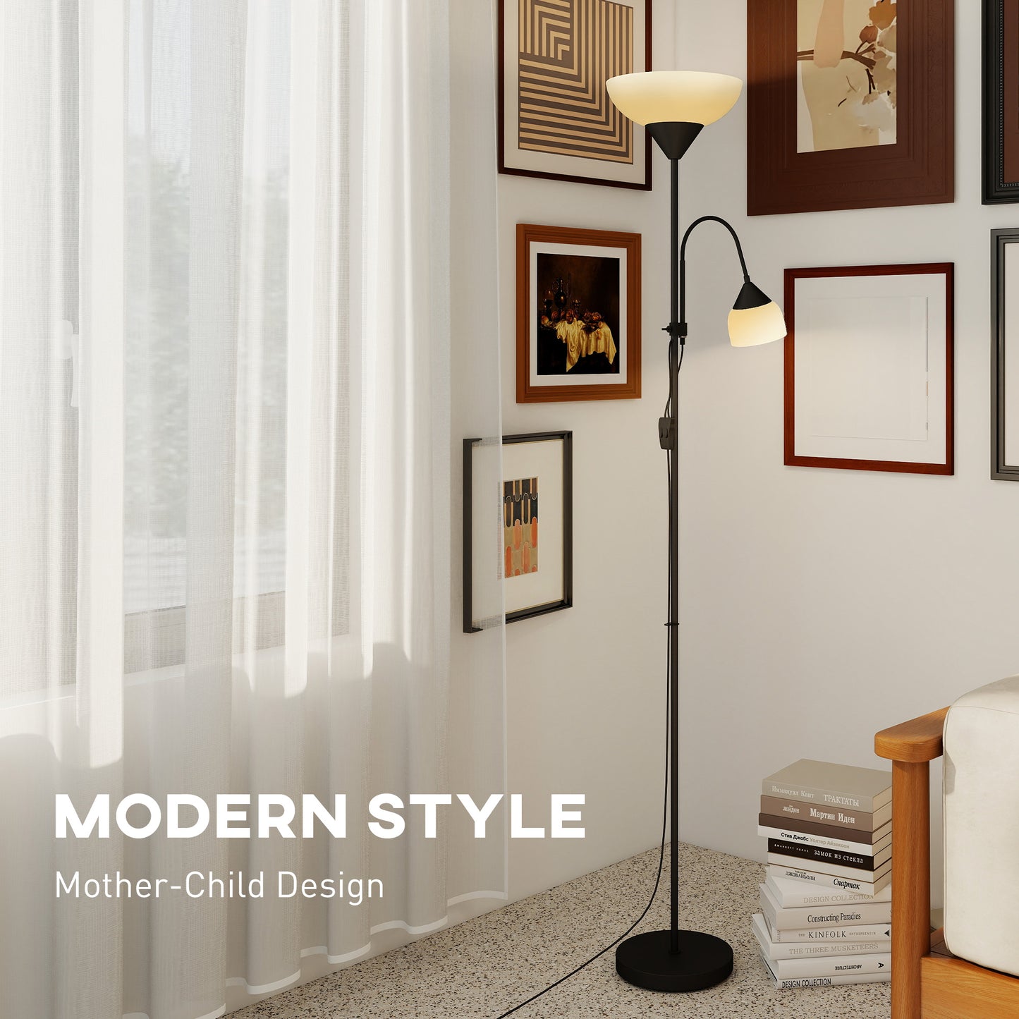 HOMCOM LED Floor Lamp, 180cm Tall Standing with Mother and Child Uplighter, Adjustable Gooseneck, 3 Colour Temps, Black
