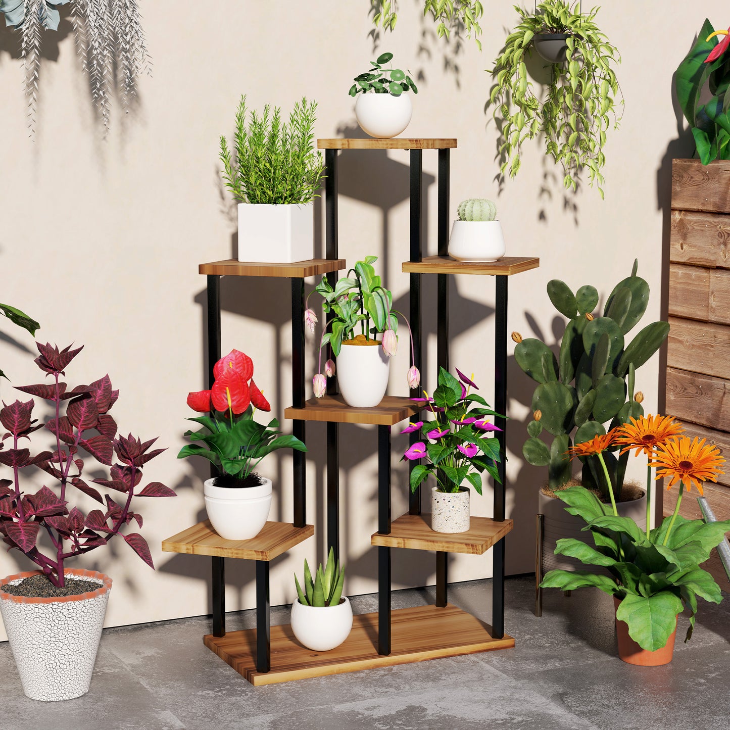 Outsunny Plant Stand: 7 Tier Indoor/Outdoor Corner Steel-Wood Shelf, Tall Display Rack for Multiple Plants, Carbonised Finish