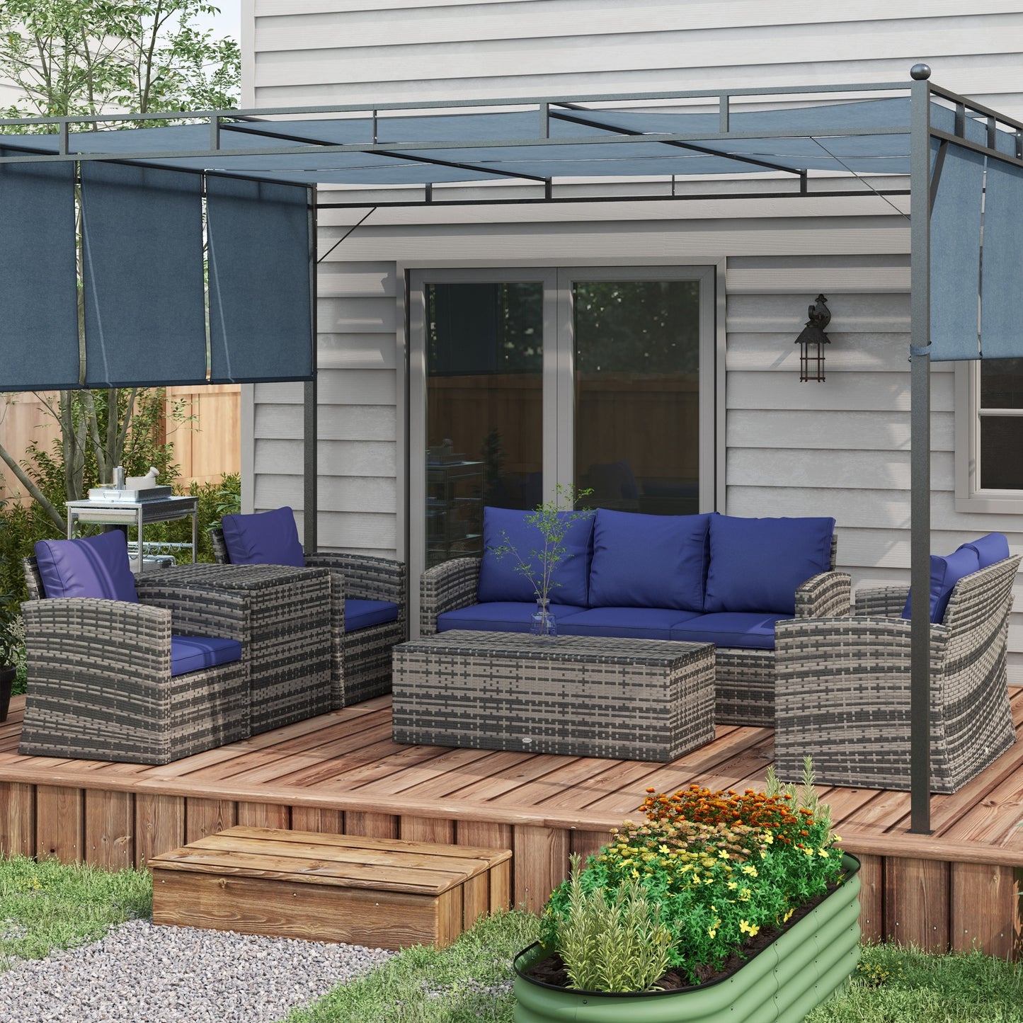 Outsunny 7-Seater Rattan Garden Furniture Set, Wicker Sofa with Storage Tea & Side Tables, Navy Blue