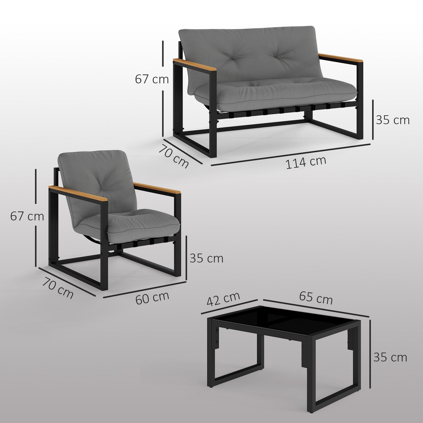 Outsunny Garden Furniture Set, 4-Piece with Loveseat Sofa, Armchairs, Glass Coffee Table, Cushions for Balcony, Patio, Light Grey