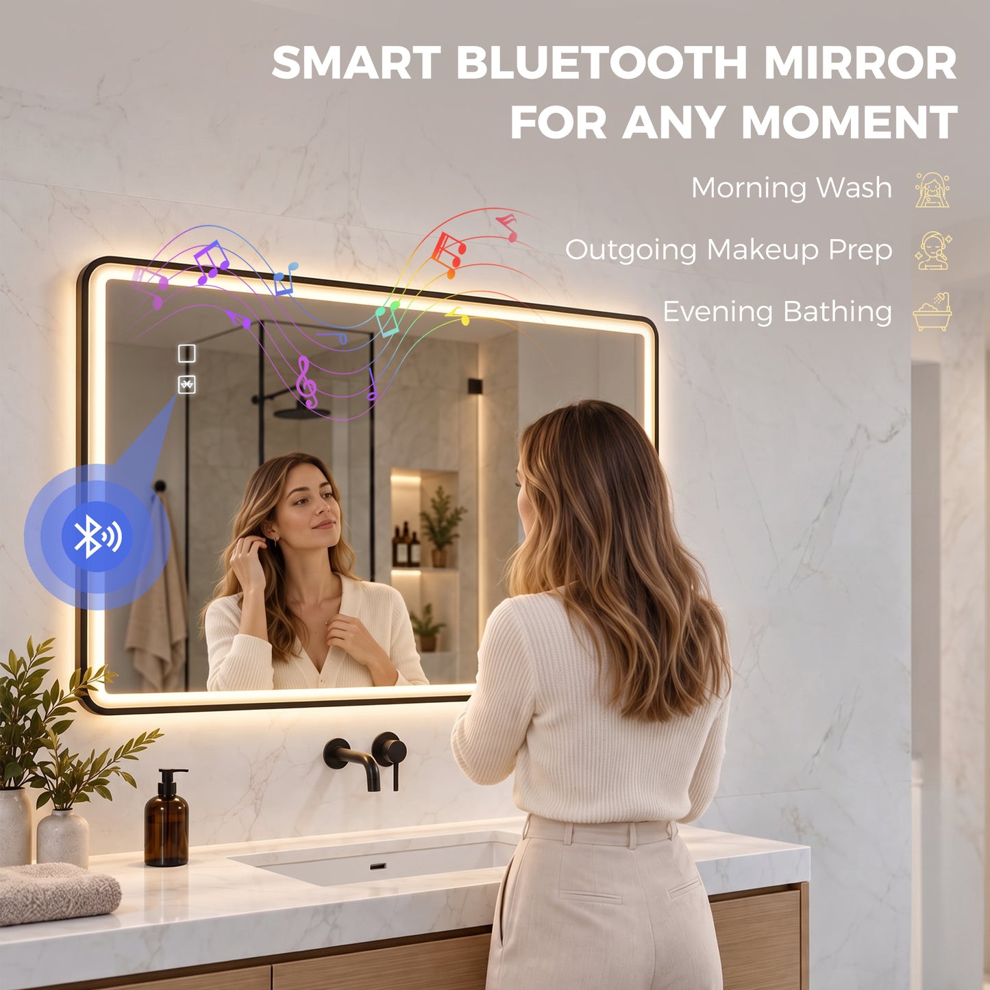 HOMCOM Bathroom Mirror with LED Lights, 100x70cm Rectangle Bathroom Mirror, Dimmable, Bluetooth, Anti-Fog, Black