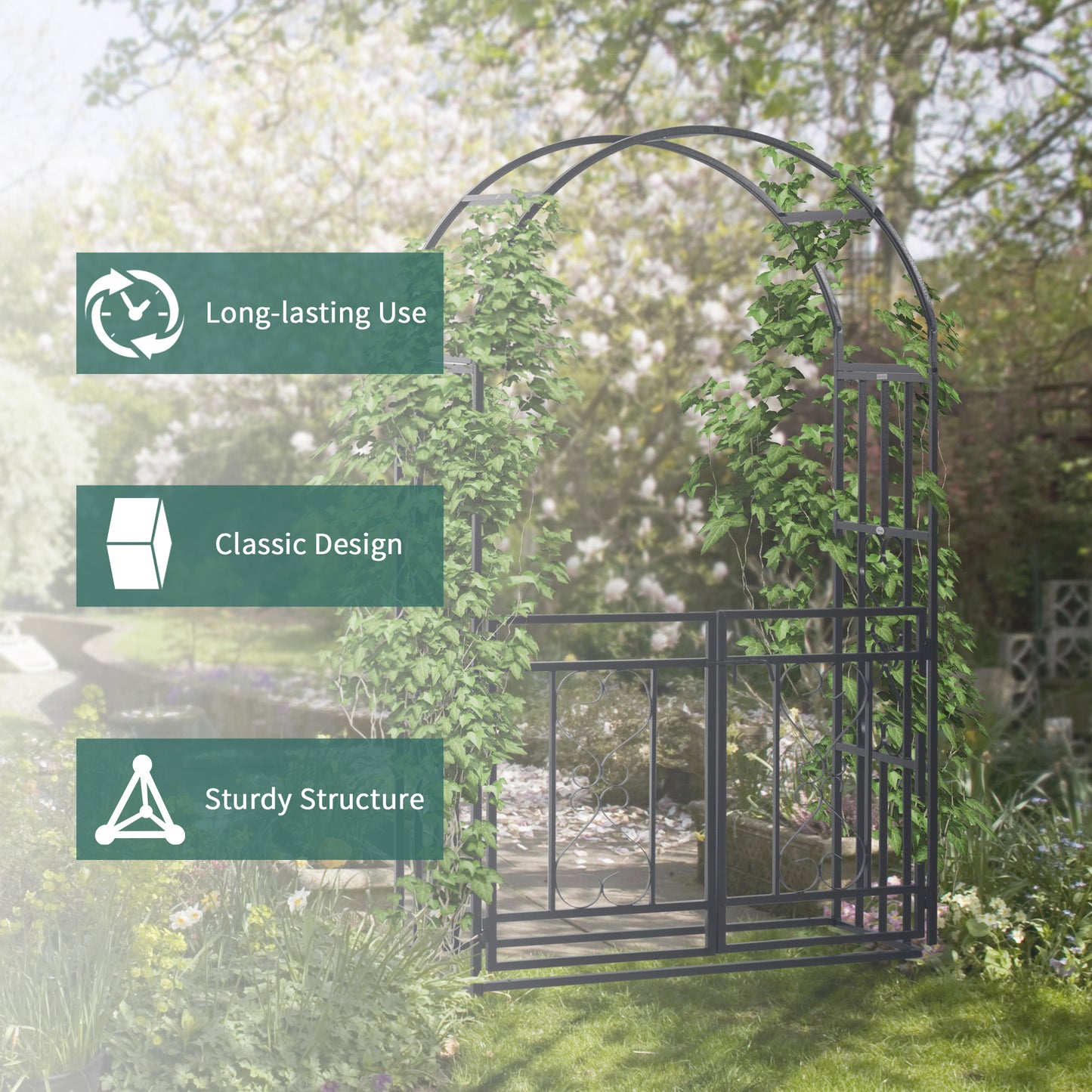 Outsunny Metal Garden Arch with Double Gates, Arbor for Climbing Plants & Vines, Wedding Arch, 114L x 50W x 206H cm, Dark Grey