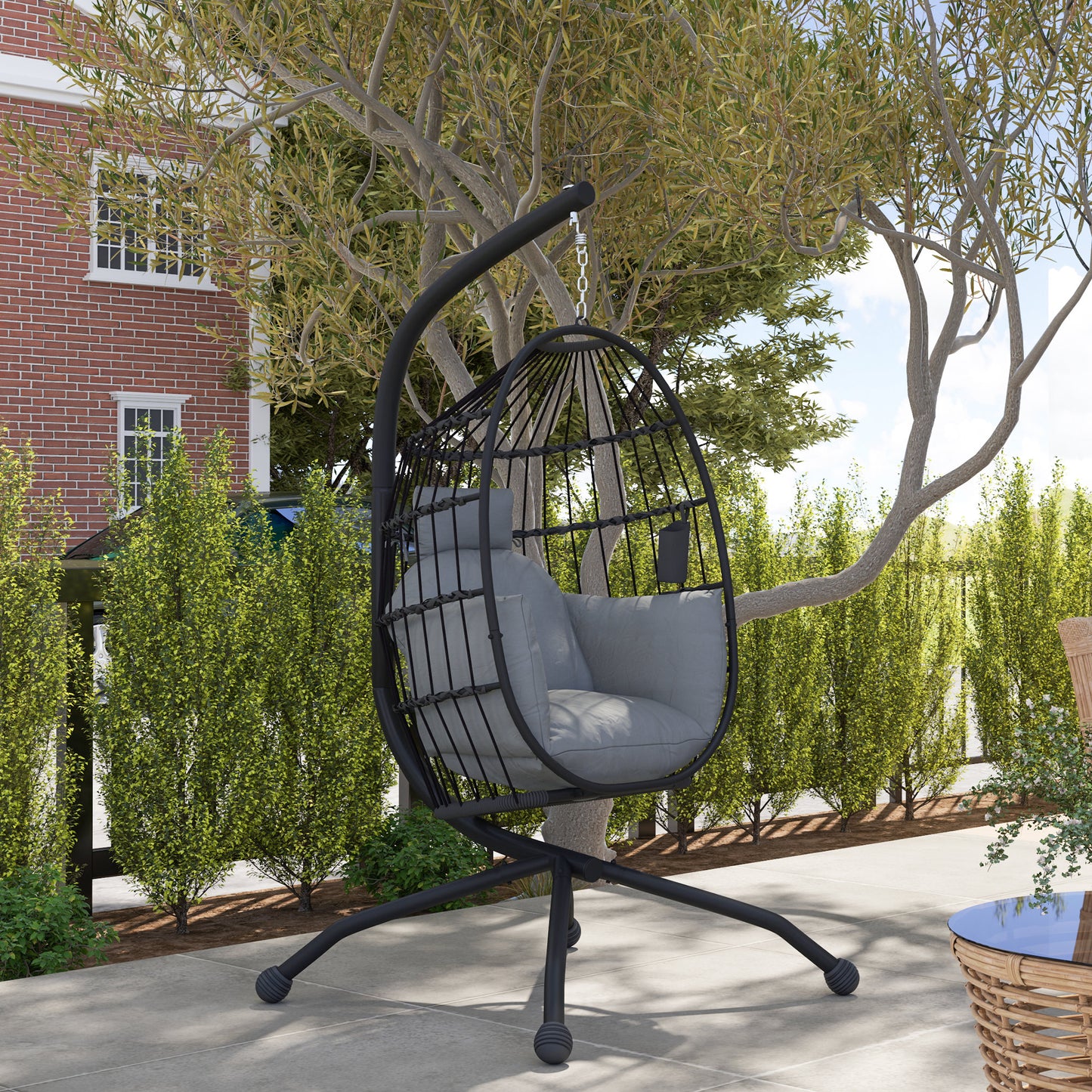 Outsunny Hanging Egg Chair: Indoor/Outdoor Swing with Stand, Cushion, Headrest, Cup Holder, Dark Grey