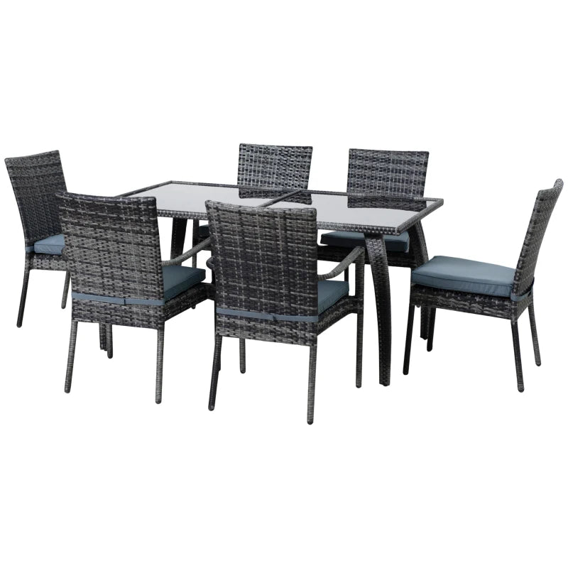 Outsunny 7 Pcs Garden Dining Set Steel Frame PE Rattan Wicker 6 Chairs Large Table Grey