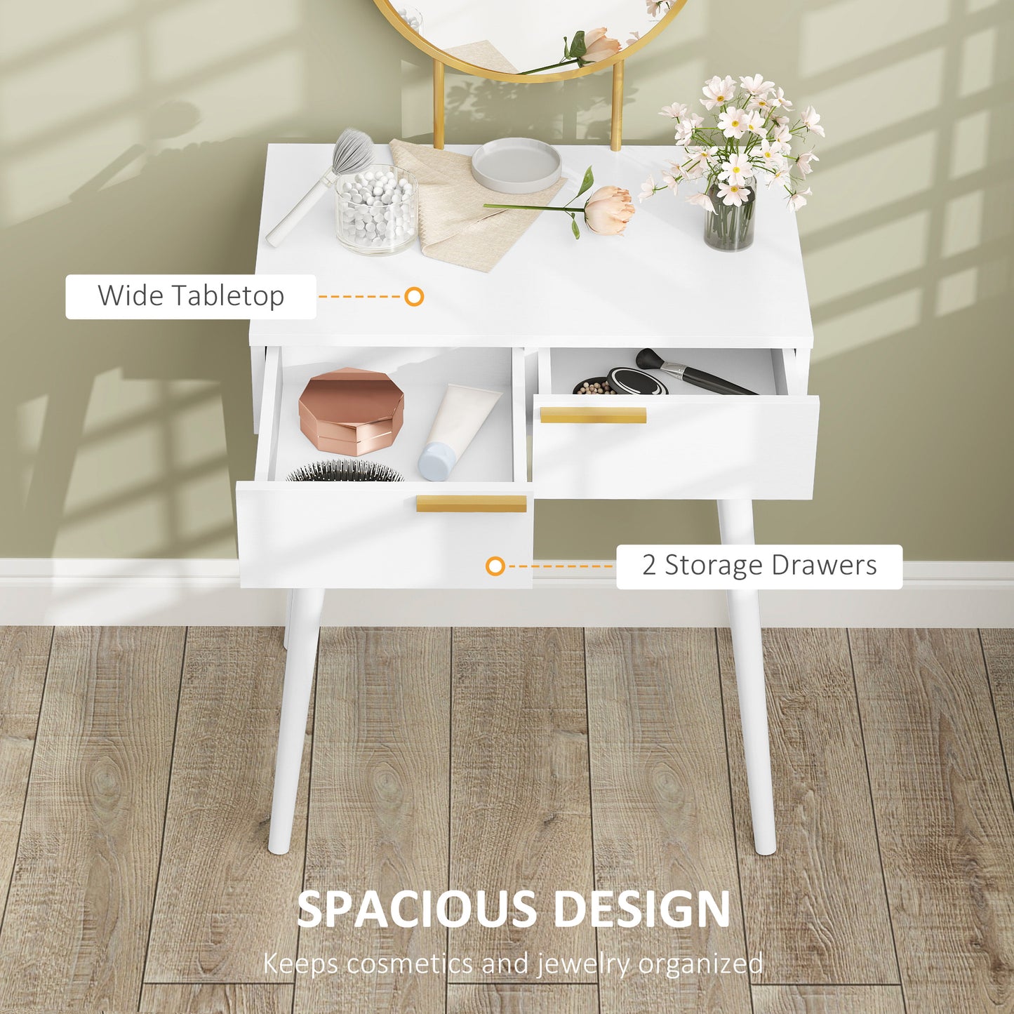 HOMCOM Dressing Table with Round Mirror - White