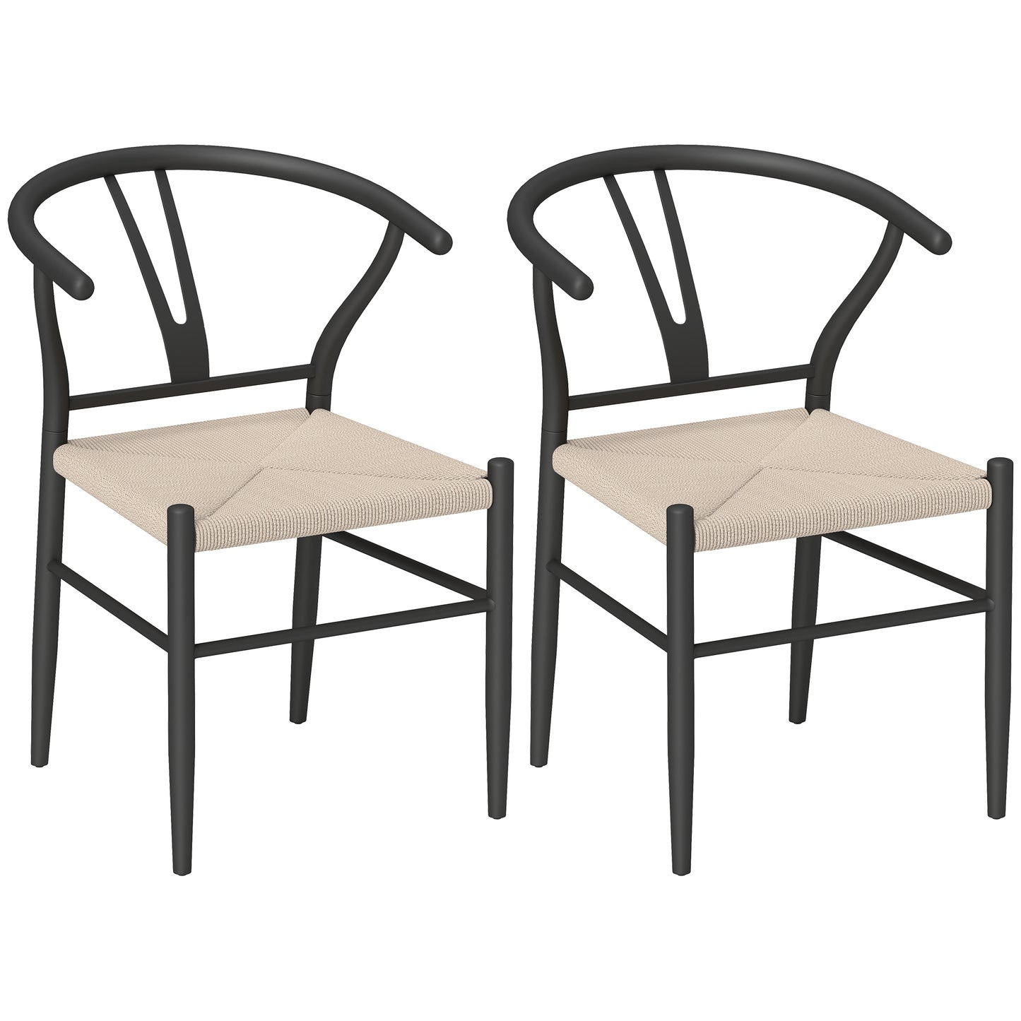 HOMCOM Set of Two Weave Dining Chairs with Y-Shaped Backrest Hemp Seat - Black/Beige