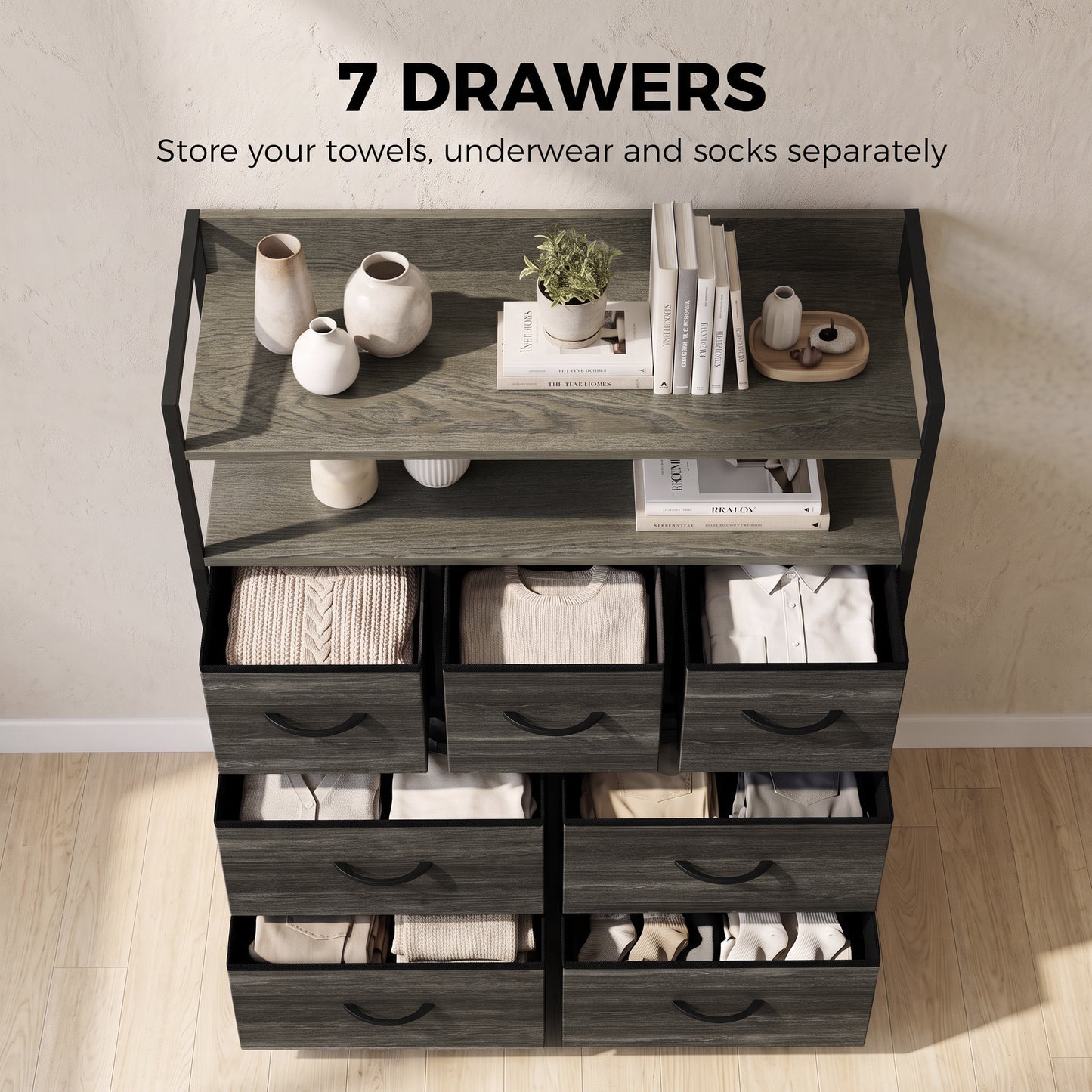 HOMCOM Chest of Drawers, Bedroom Fabric Dresser with 7 Drawers, Storage Organiser Unit with Open Shelves, Grey Wood-Effect