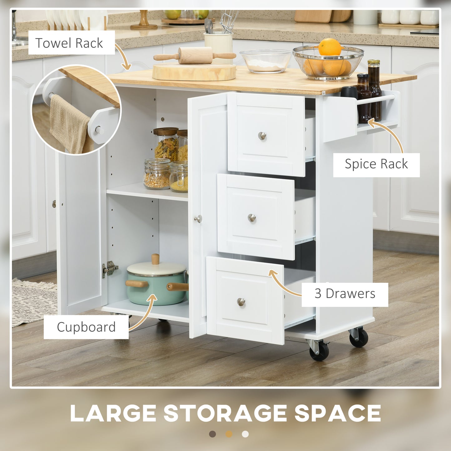 HOMCOM Kitchen Island, Drop Leaf, Wheels, 3 Drawers, Spice & Towel Rack, Rubber Wood Top, Storage Cart, White