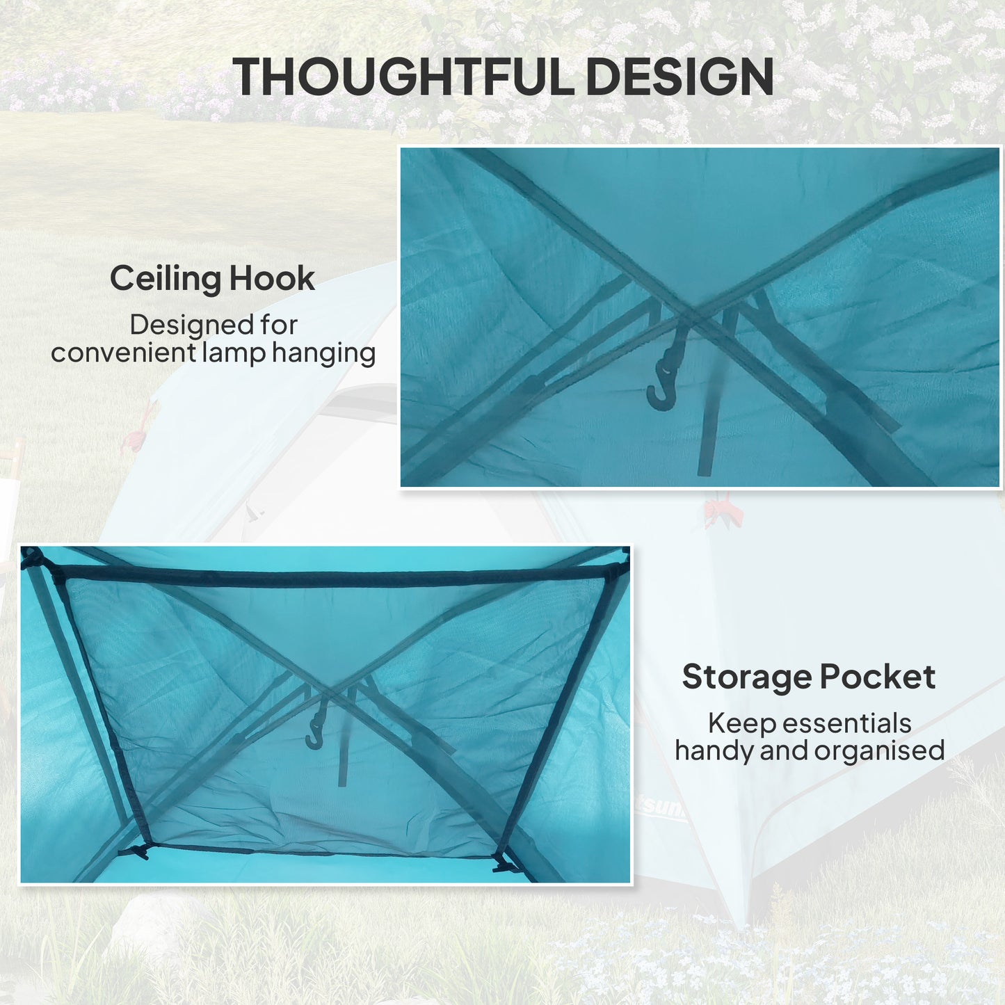 Outsunny 3-4 Person Easy Set Up Waterproof Dome Camping Tent with Groundsheet, Mesh Windows, Pocket, Hook, Navy Blue/Light Blue