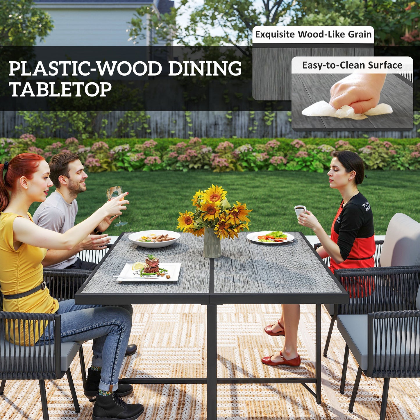 Outsunny 5 Piece Garden Furniture Set, Garden Dining Set with Wood-Plastic Table and 4 Stackable Chairs, Light Grey