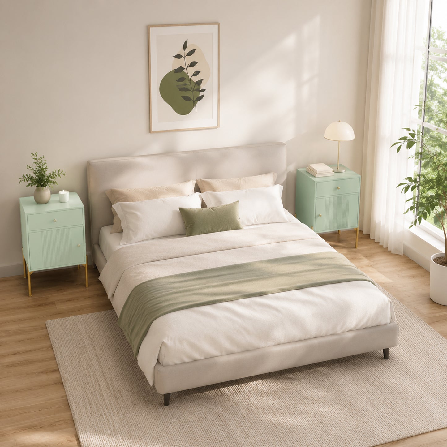 HOMCOM Modern End Table Set of 2, Side Tables with Drawer, Cabinet and Metal Legs for Living Room, Bedroom, Light Green