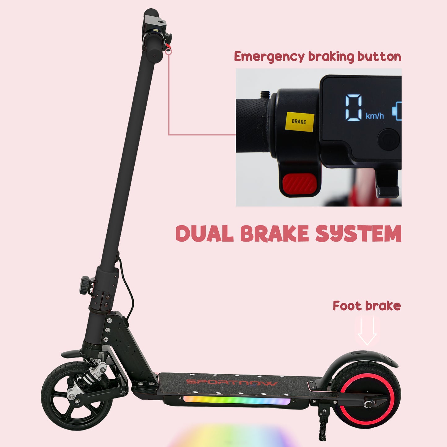 SPORTNOW Folding Electric Scooter for Kids 6-14, Dual Brakes, Suspension, LED Lights, 6.8kg, 14 KM/H, Black