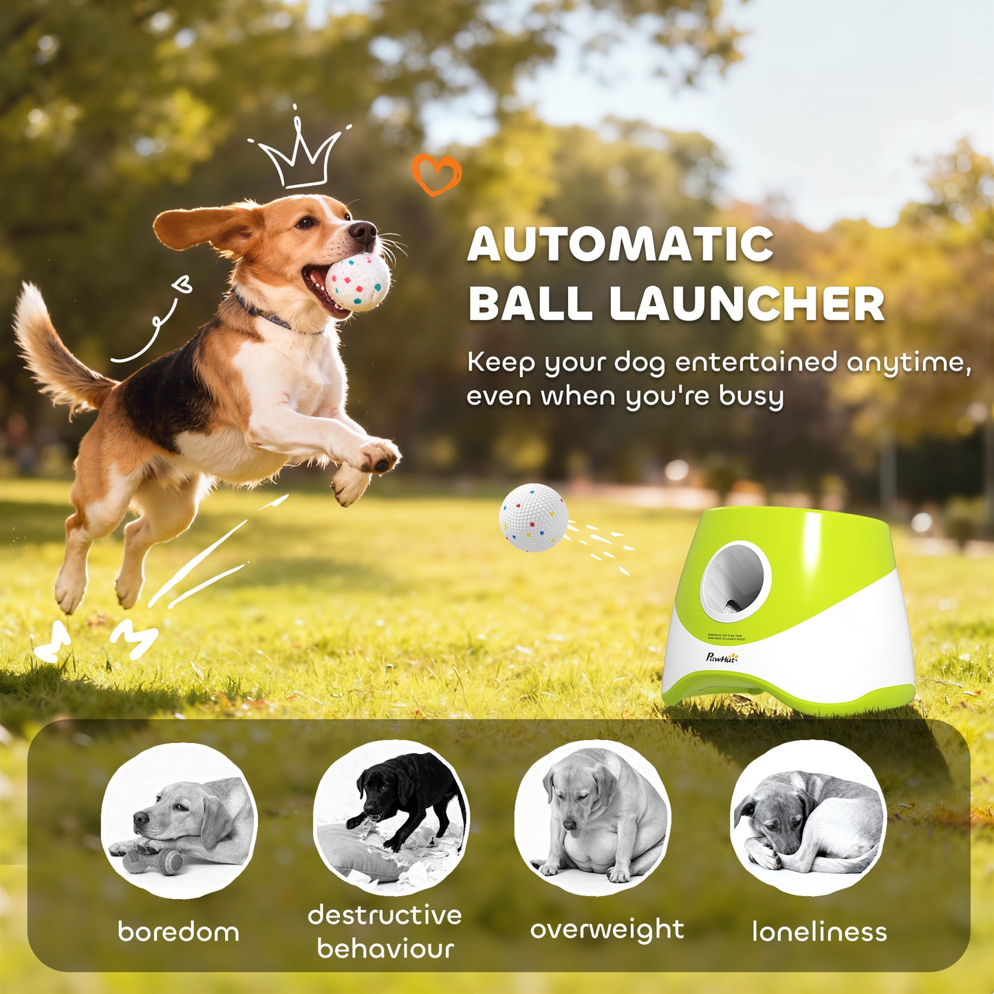 PawHut Automatic Dog Ball Launcher with 5 ETPU Tennis Balls 2.3", 3 Distance Settings 6m/10m/12m, Green