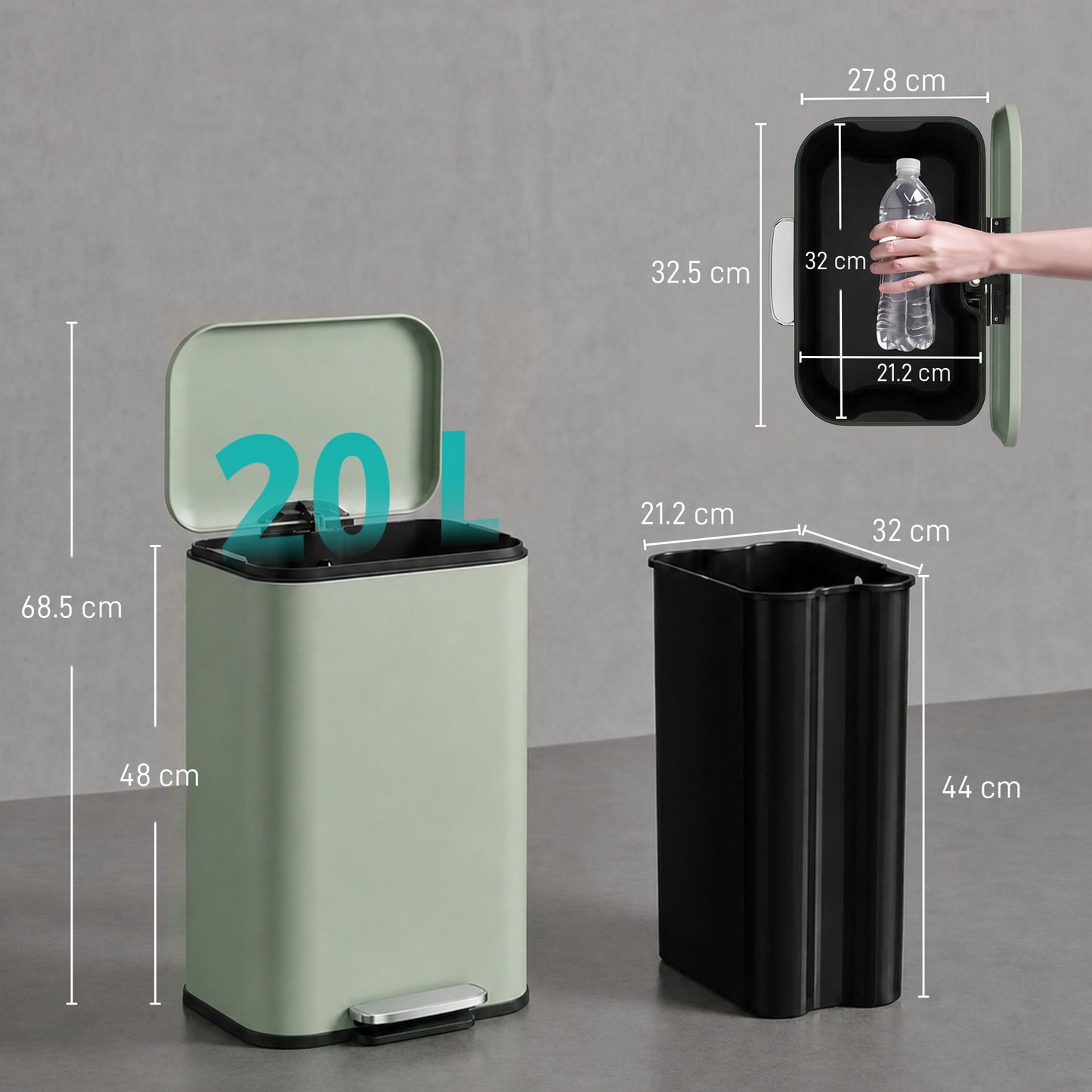 HOMCOM 20 L Kitchen Pedal Bin, Metal Rubbish Bin with Removable Inner Bucket, Soft-Close & Stay-Open Lid, Light Green