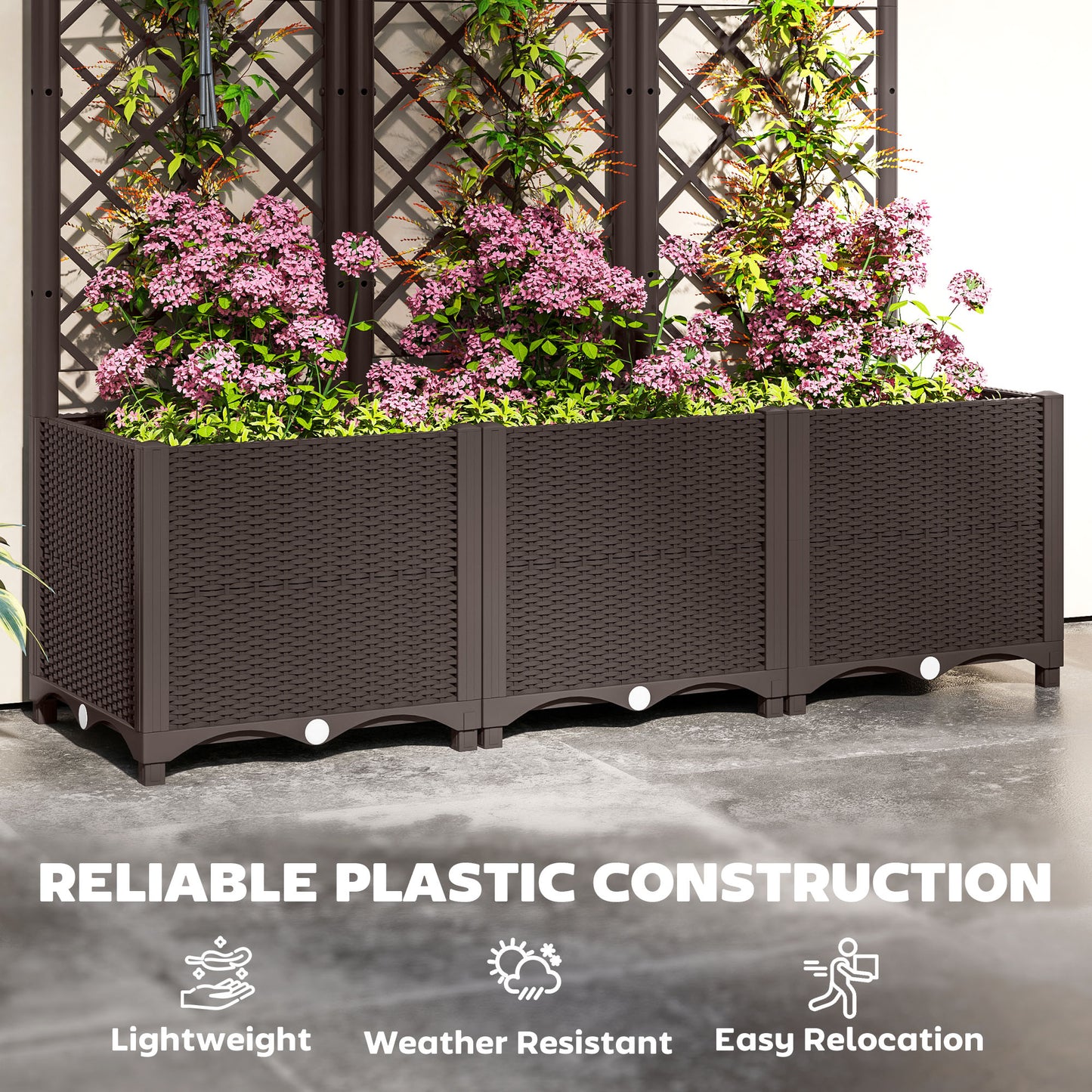Outsunny Raised Garden Bed with Trellis, Plastic Planter Box with Drainage Holes 3 wide Brown