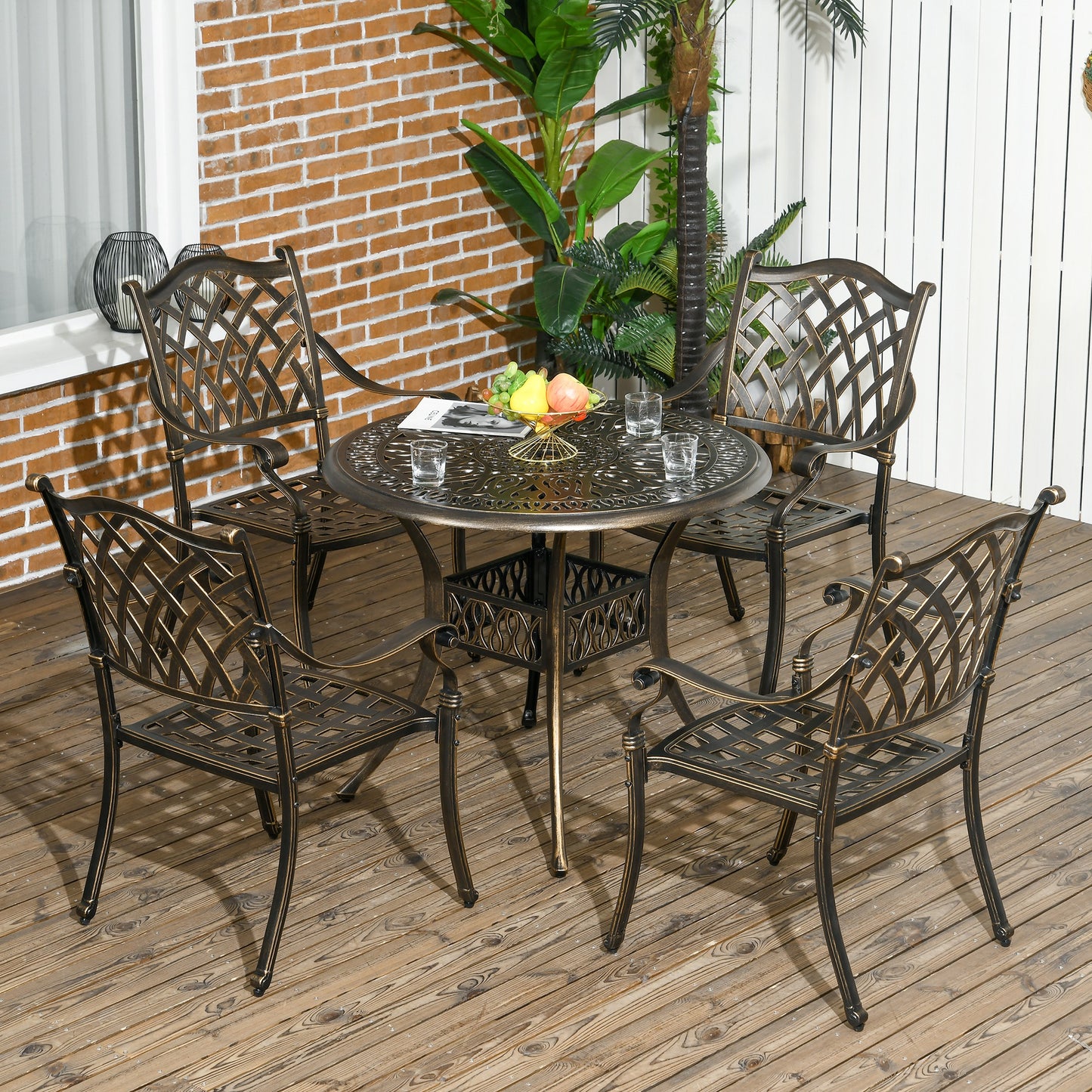 Outsunny 5PCs Garden Dining Conversation Set 4 Chairs Table W/Umbrella Hole Cast Aluminum