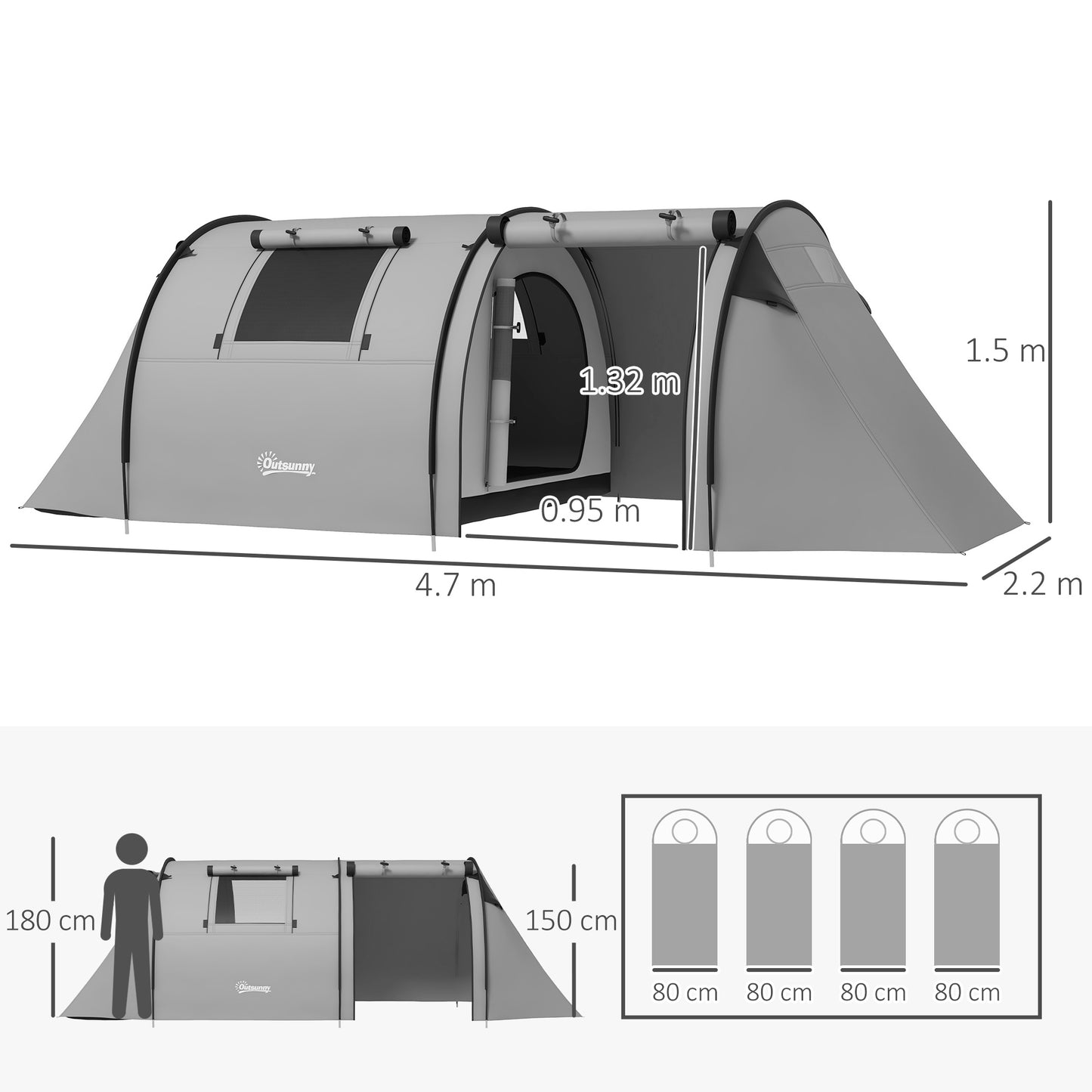 Outsunny Four Man Duo Room Tunnel Tent, with Accessories - Grey