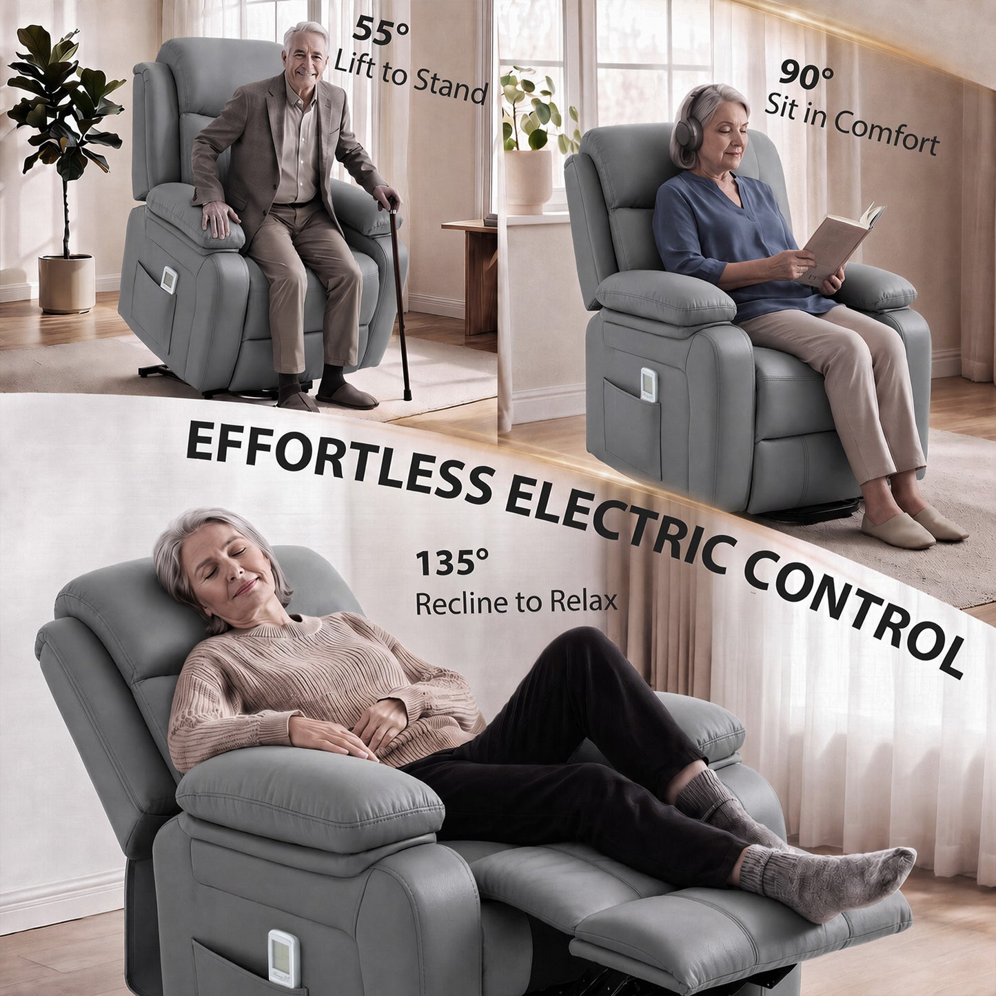 HOMCOM Riser and Recliner Chair with Massage, PU Leather Power Electric Lift Chair for Elderly with High Back, Grey