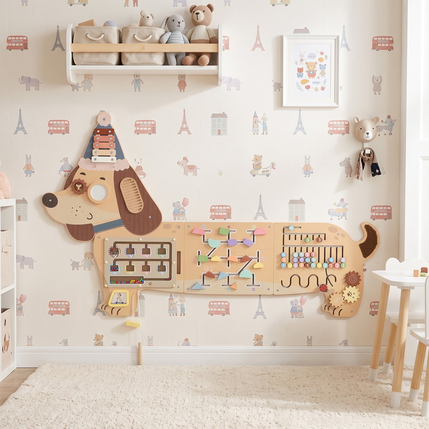 AIYAPLAY Montessori Inspired Busy Board, Wooden Dachshund Sensory Wall Panel for kids Touch, Feel & Learn, Classroom, Playroom