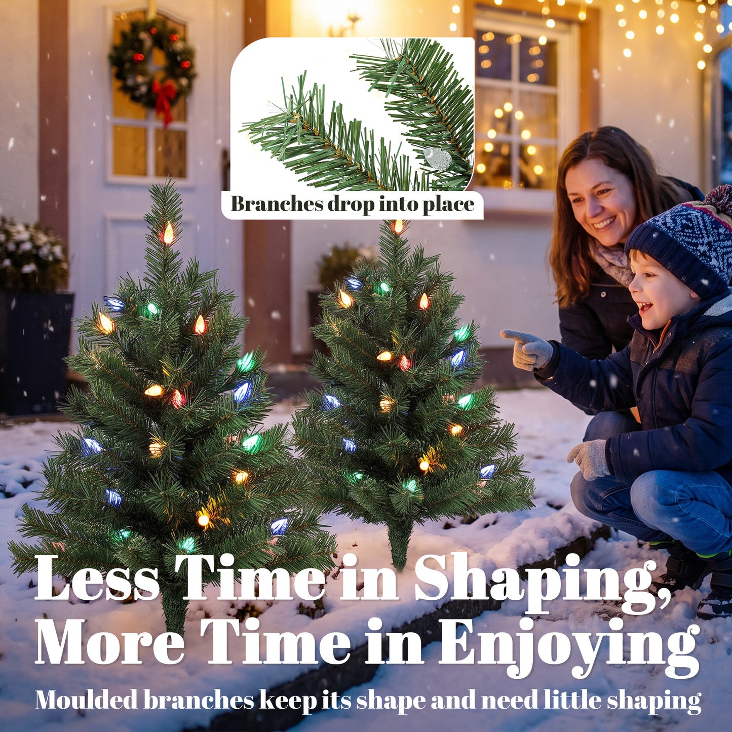 HOMCOM 60 cm Prelit Christmas Tree, 2 Packs Artificial Christmas Trees with 60 Colourful LED Lights, 130 Tips, Green