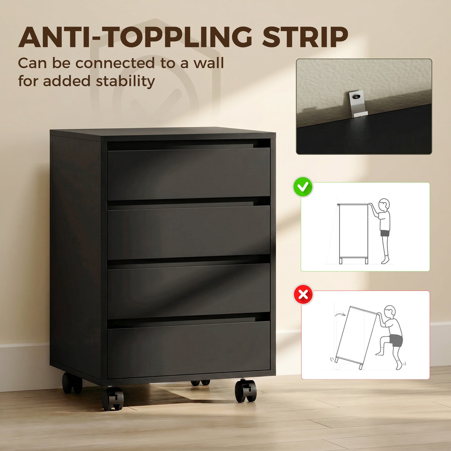 HOMCOM Four-Drawer Office Filing Cabinet, with Wheels - Black