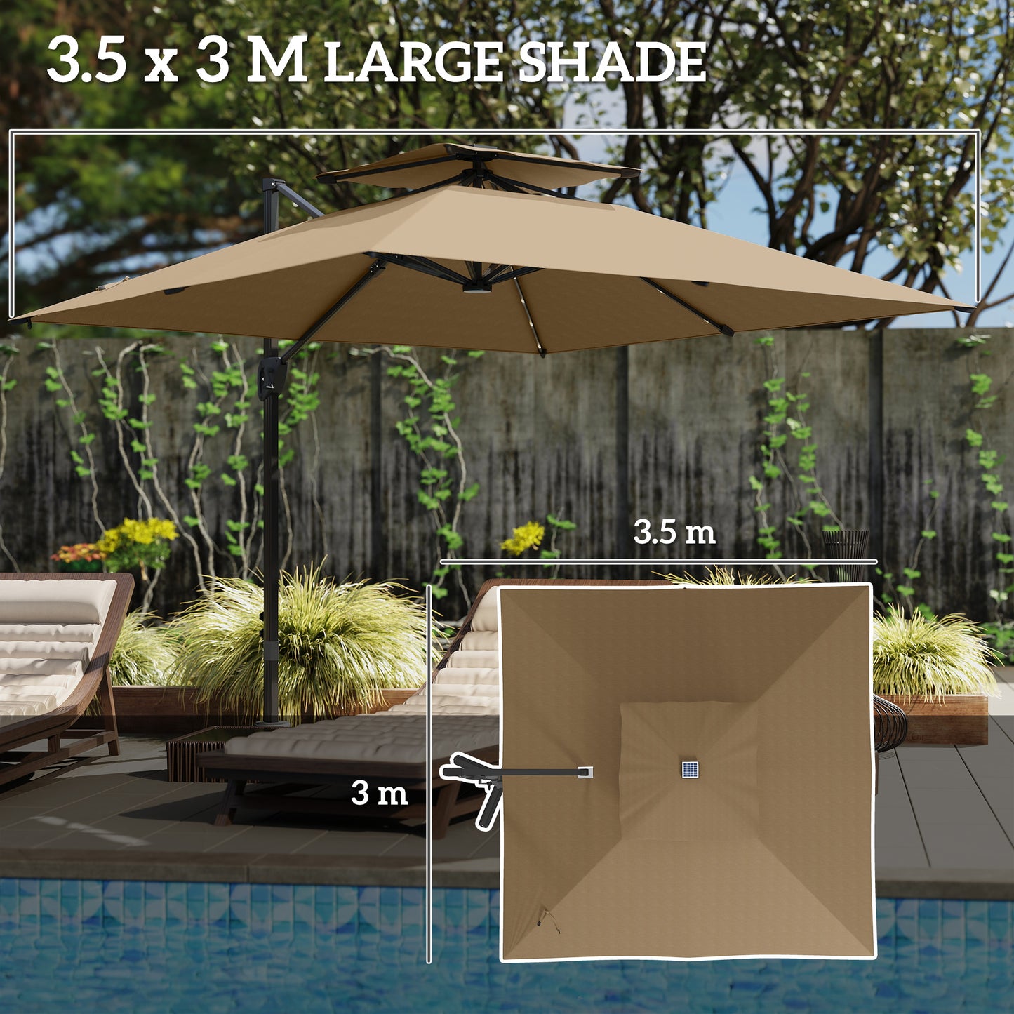Outsunny Garden Cantilever Parasol, Solar LED, Centre Light, Aluminium, UPF50+ Sun Shade, Cross Base, Crank Tilt, 3.5x3m, Khaki