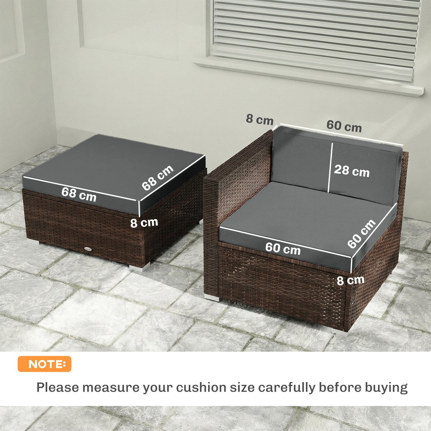 Outsunny 7-Piece Patio Furniture Cushions, Outdoor Loveseat Cushion with Removable Covers for Rattan Furniture, 60x60 cm, Dark Grey