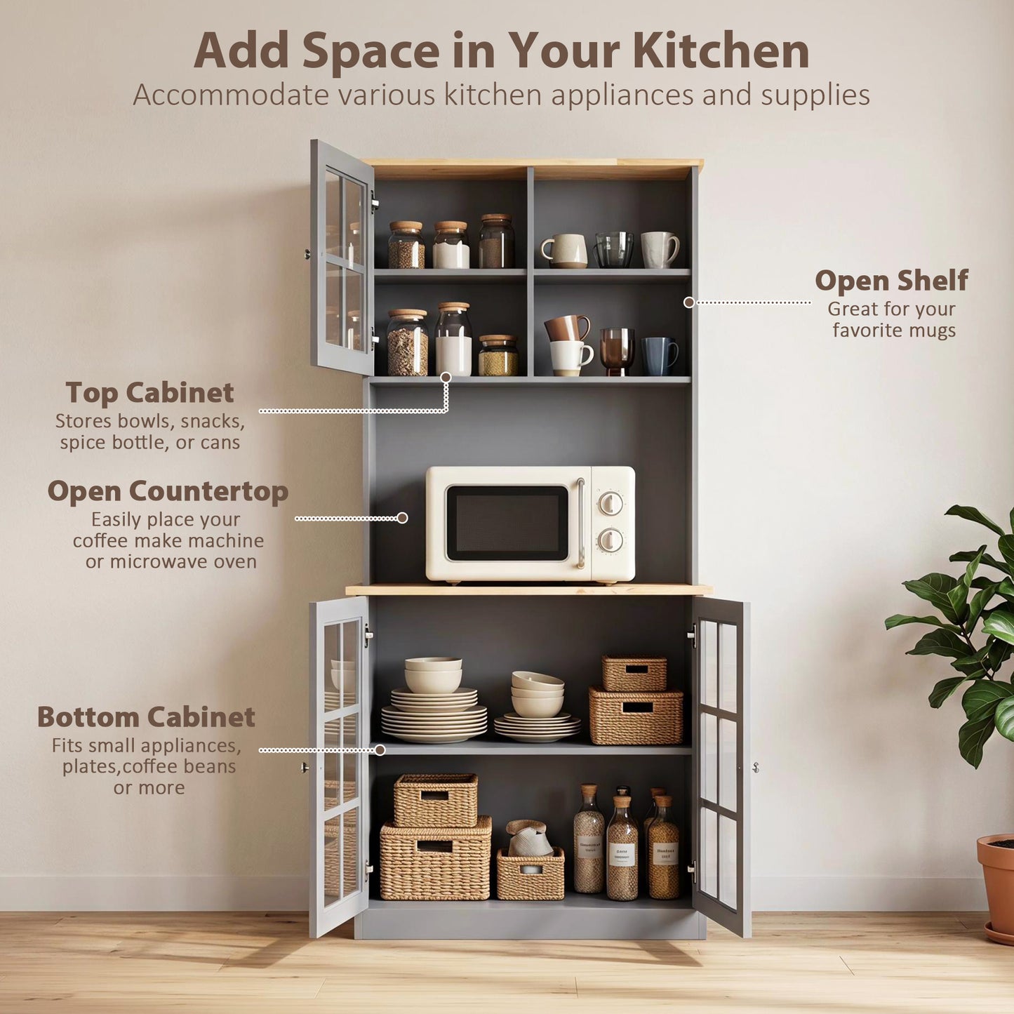 HOMCOM Kitchen Pantry, Buffet Hutch with 3 Storage Cabinets, 2 Open Shelves and Large Countertop for Kitchen, Grey