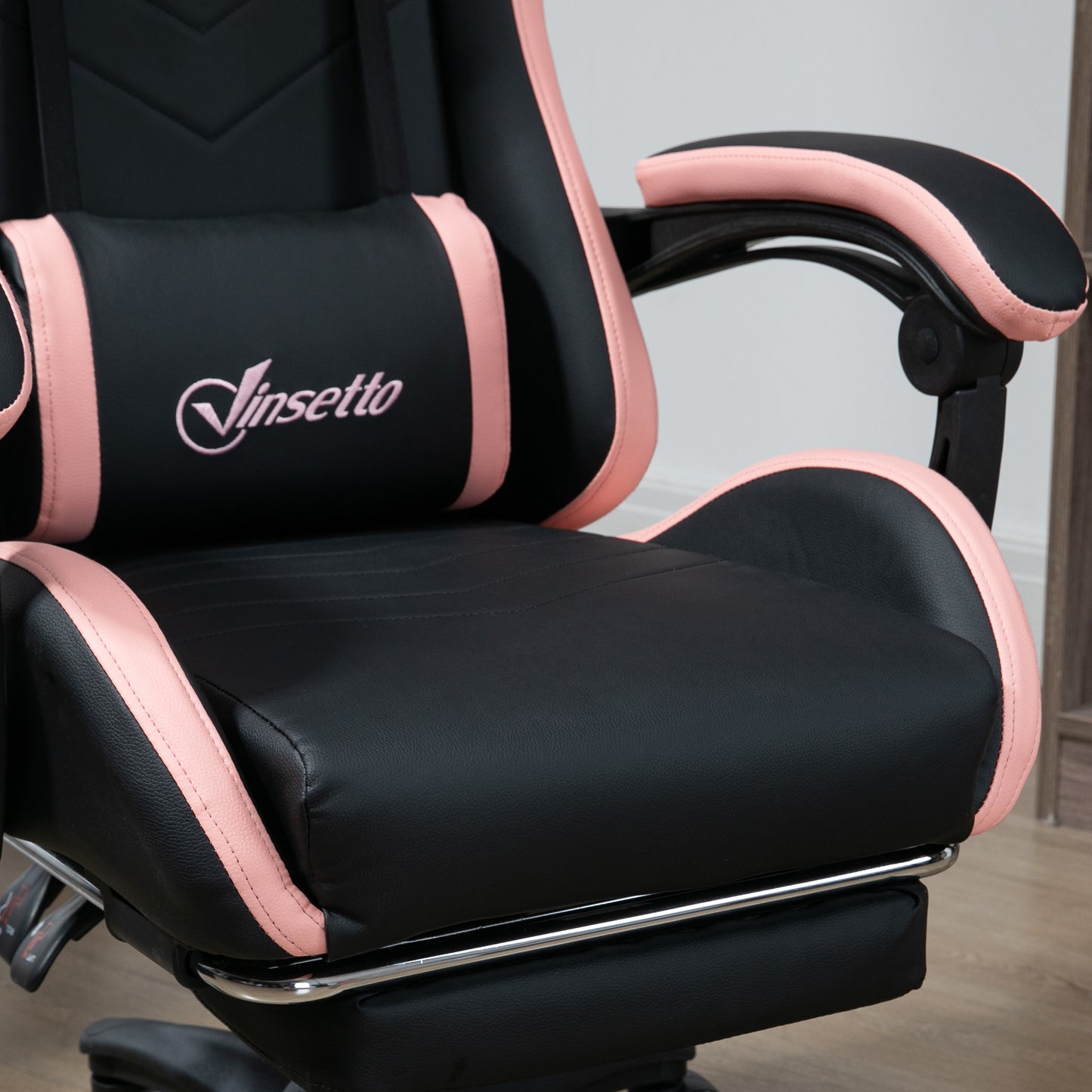 Vinsetto Computer Gaming Chair, PU Leather, Footrest, 135° Recline, Lumbar Support, Swivel Task Chair for Adults, Black and Pink