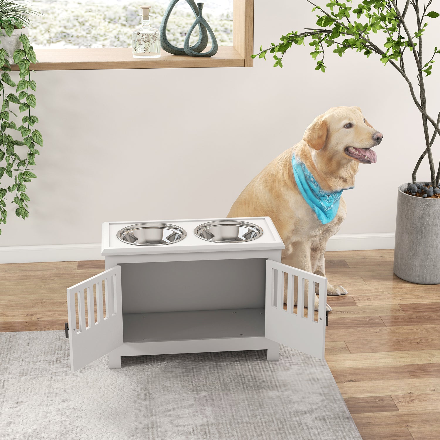 PawHut Raised Dog Bowls Pet Feeding Station with Storage Food and W mhstar