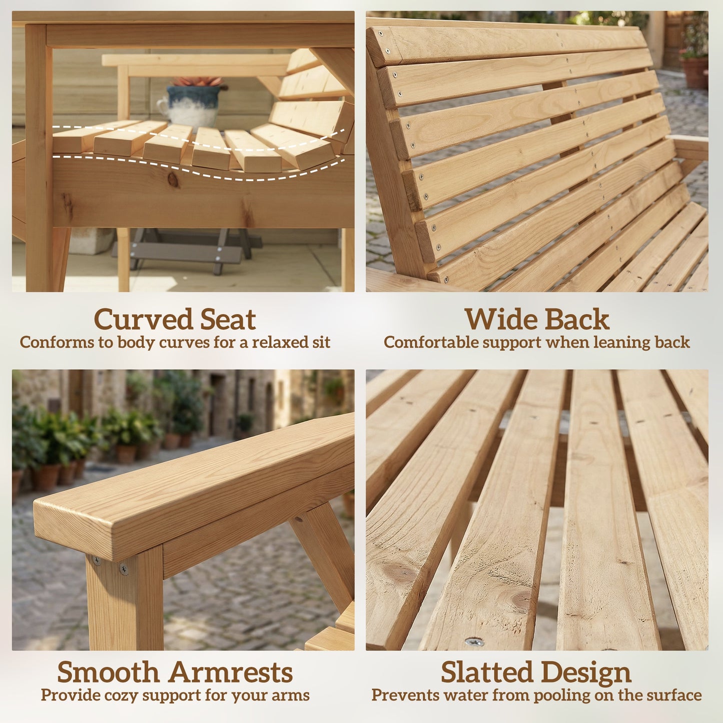 Outsunny 2 Seater Wooden Garden Bench, Slatted Patio Bench with Armrest and Backrest, Outdoor Furniture for Indoor