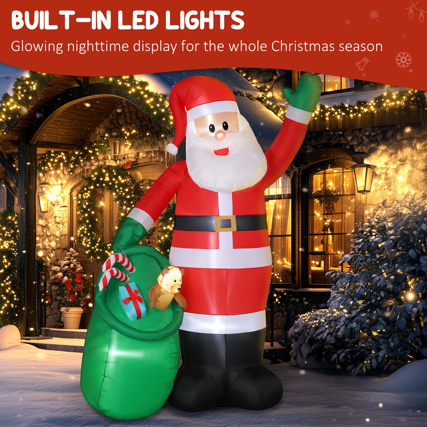 Outsunny 9ft Santa with Bear Sack, Inflatable Christmas Decoration with LED Lights for Garden, Indoor/Outdoor Home Decor