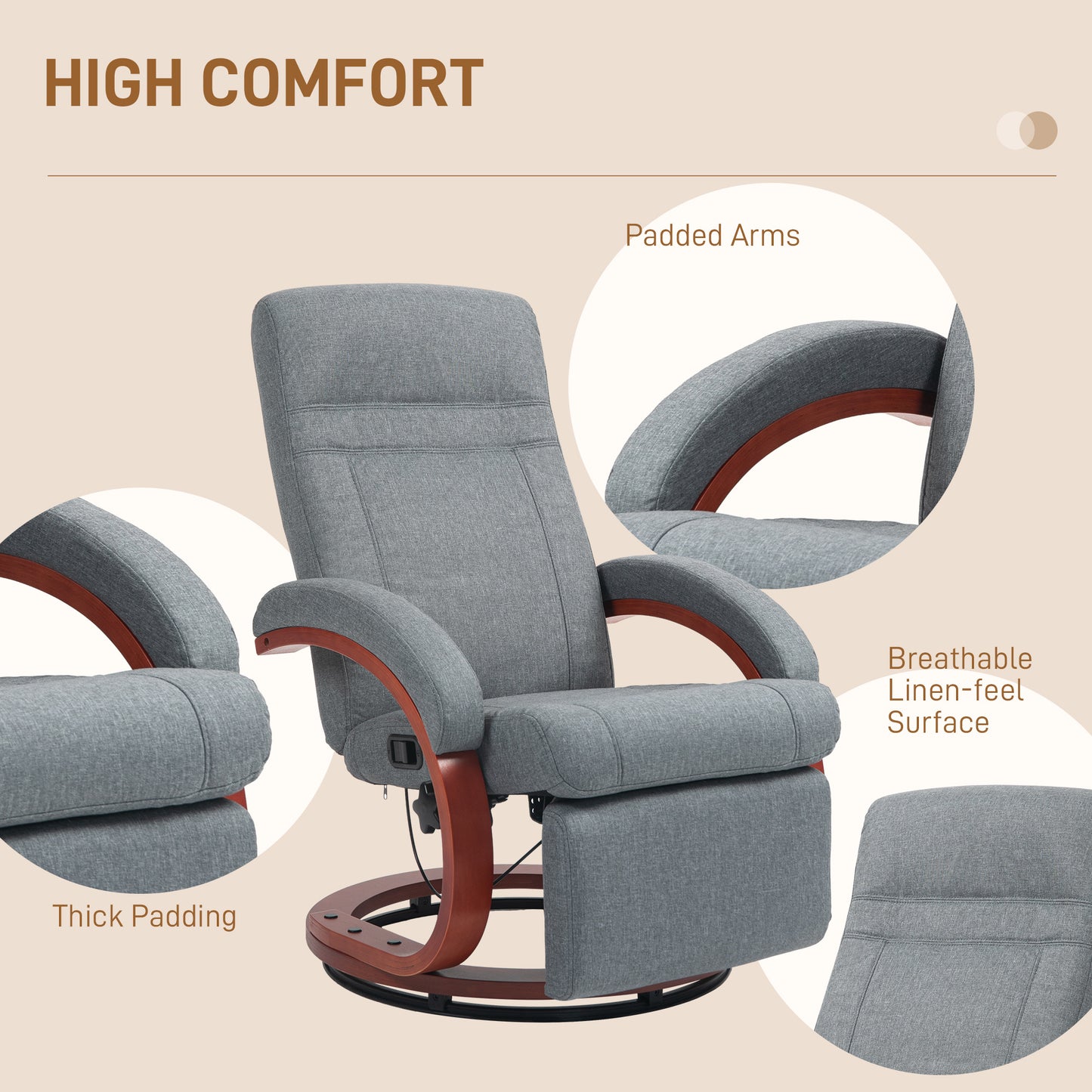 HOMCOM 135° Manual Reclining Swivel Chair, with Footrest - Grey
