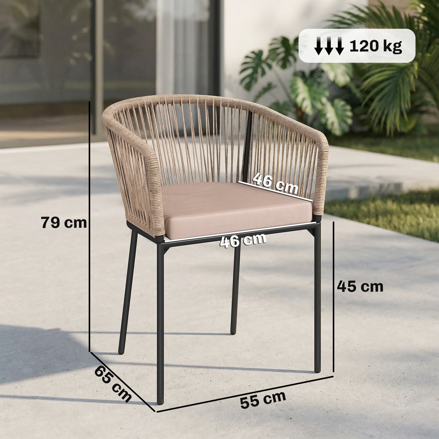 Outsunny Garden Chairs Set of 2, Rattan Garden Dining Chairs with String Back Armrests, Cushions, Natural Wood Finish