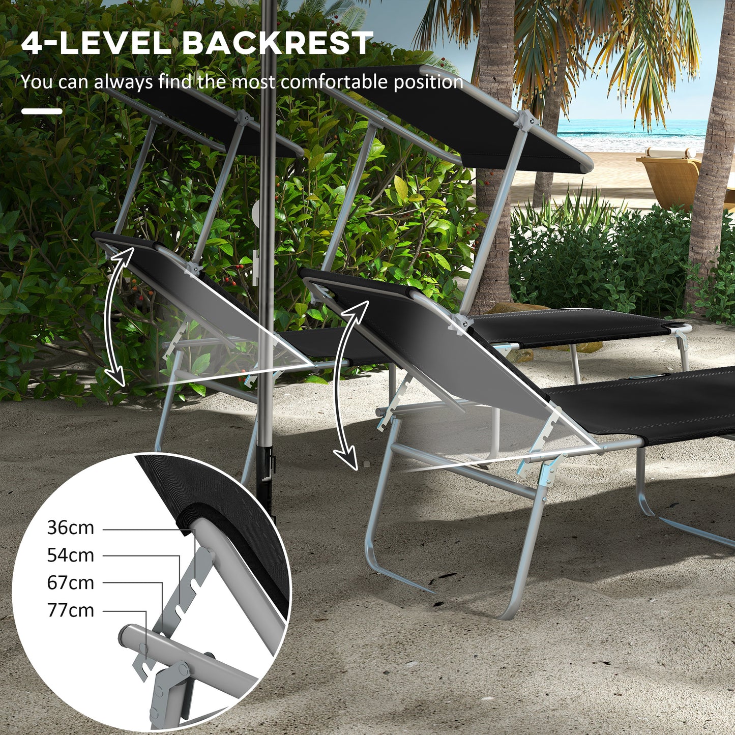 Outsunny Foldable Sun Lounger Set of 2 with Sun Shade & Adjustable Backrest - Black