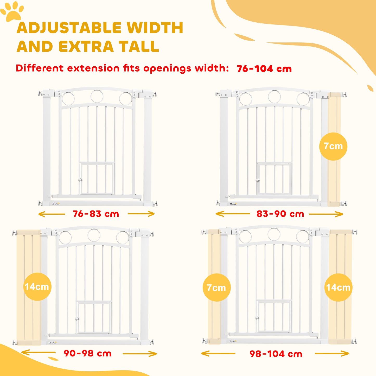 PawHut 77cm Tall Dog Gate with Cat Door, 7cm and 14cm Extensions, for Stairs & Doorways, 76-104cm Width