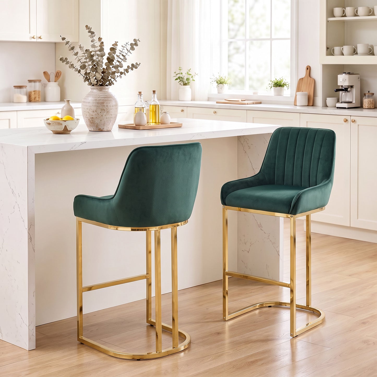 HOMCOM Bar Stools Set of 2 with Backrest, Footrest, Gold Electroplated Legs for Kitchen Island, Dining Room, Dark Green