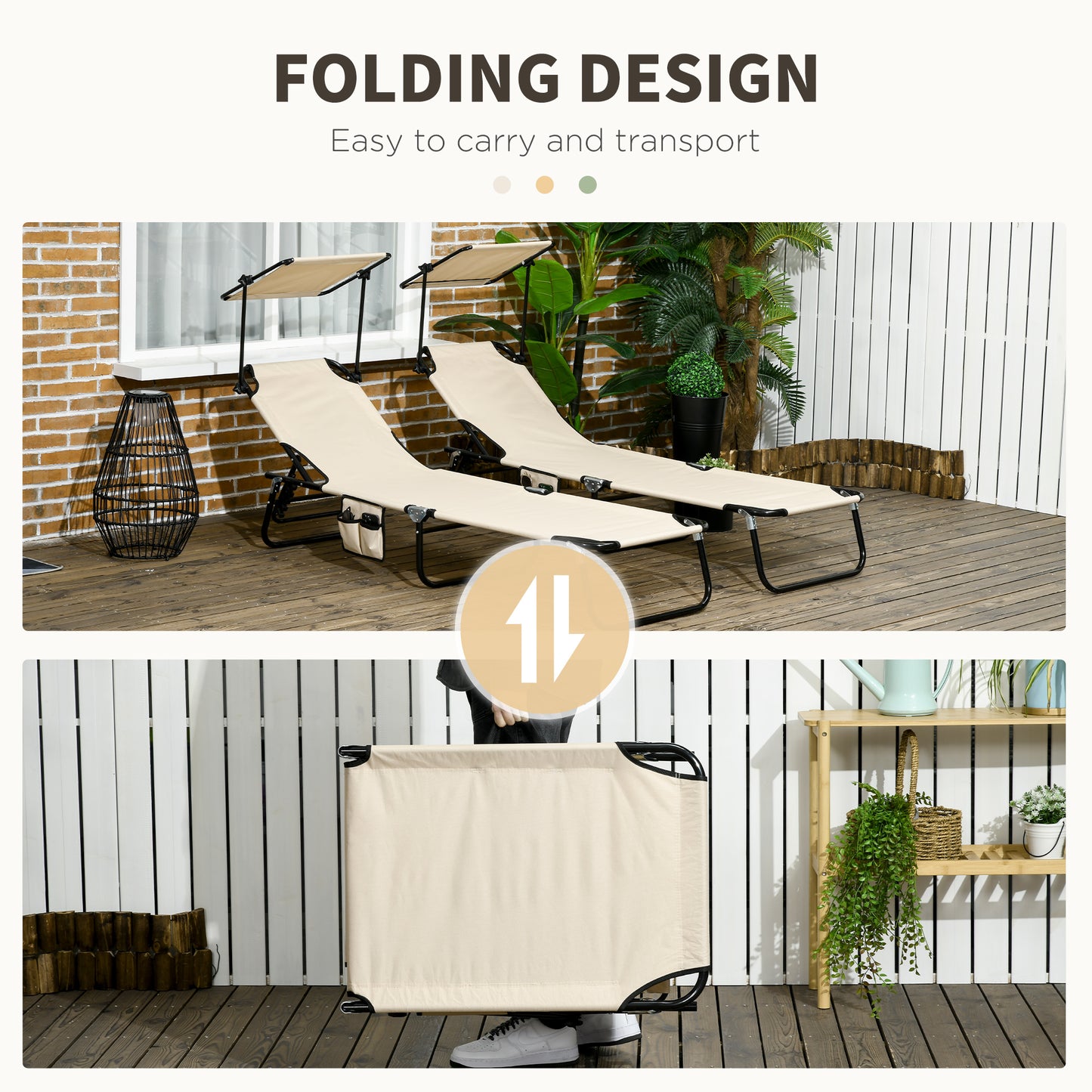 Outsunny 2 Piece Folding Sun Loungers, Adjustable Recliner Garden Chairs with Canopy, Steel Frame, Tan Brown