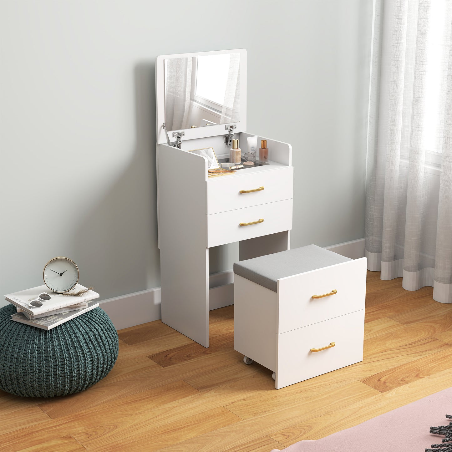HOMCOM 3-in-1 Dressing Table with Flip-top Mirror, Glass Top, Drawers, Side Hook, Rolling Cushioned Storage Stool, White.